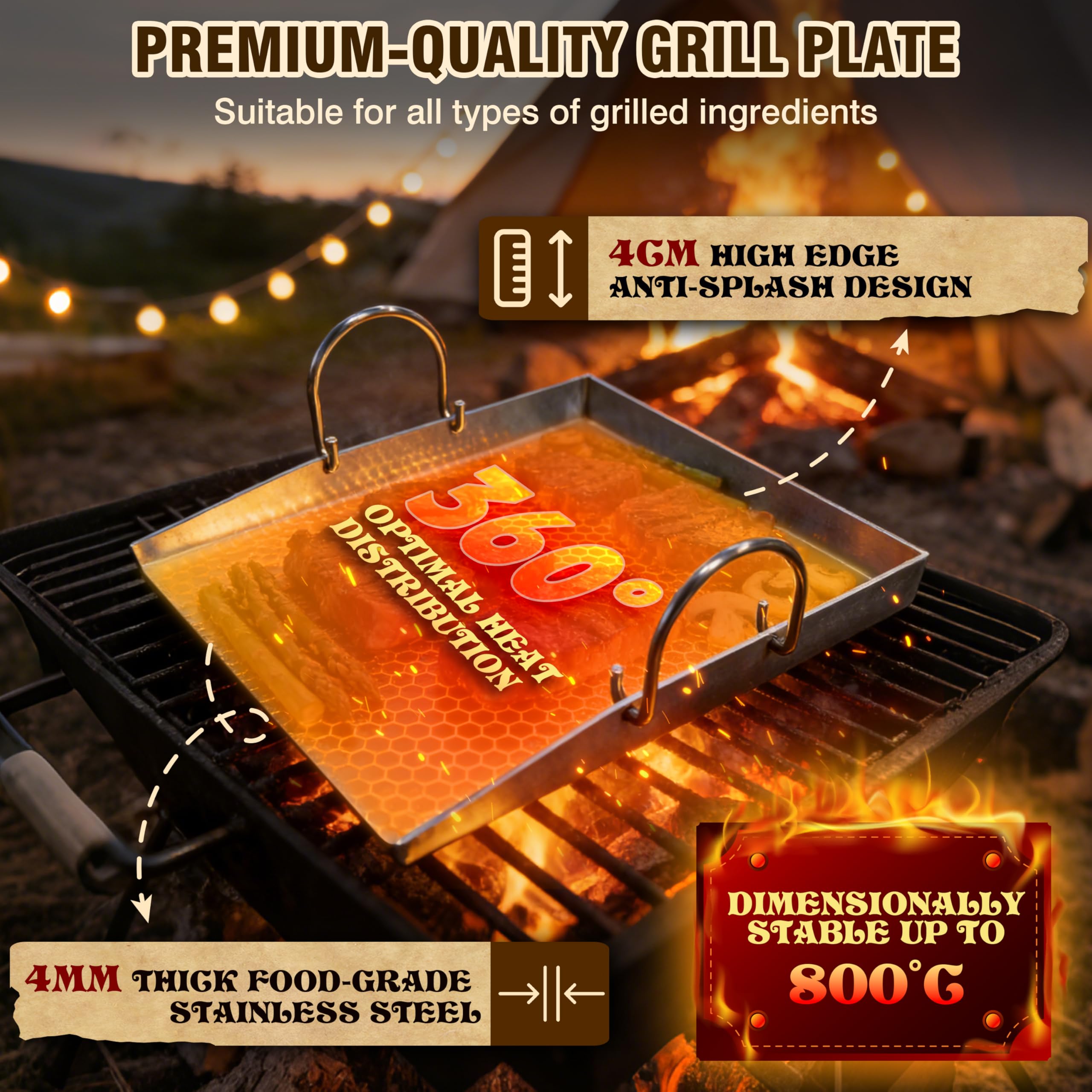JONRRYIN Żelazko ze stali nierdzewnej 40 x 30 cm, żelazko do grillowania z 2 łopatkami, zdejmowany uchwyt, nadaje się do grilla gazowego i grilla na węgiel drzewny (z trzema krawędziami)