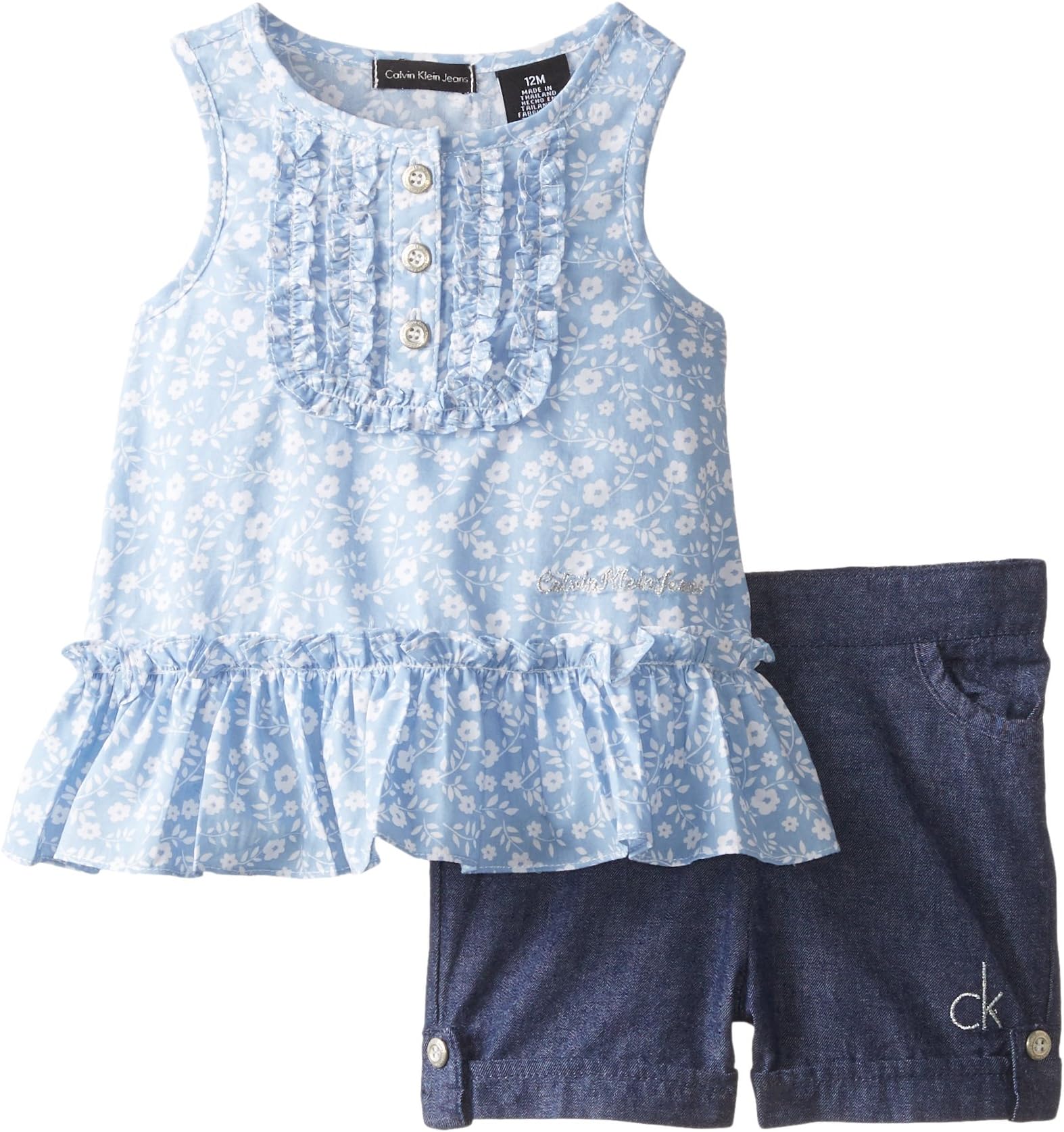 Calvin Klein Baby Girls' Blue Printed Top with Denim Shorts