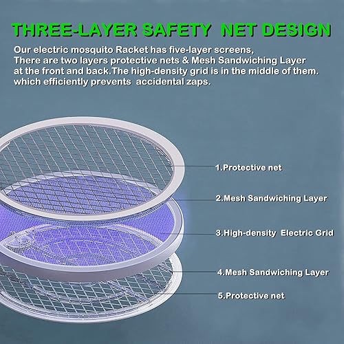 Miniatura 3 de Raqueta matamoscas eléctrica y raqueta matamoscas insectos, matamosquitos inteligente 2 en 1 con base recargable USB, con malla de seguridad de 4