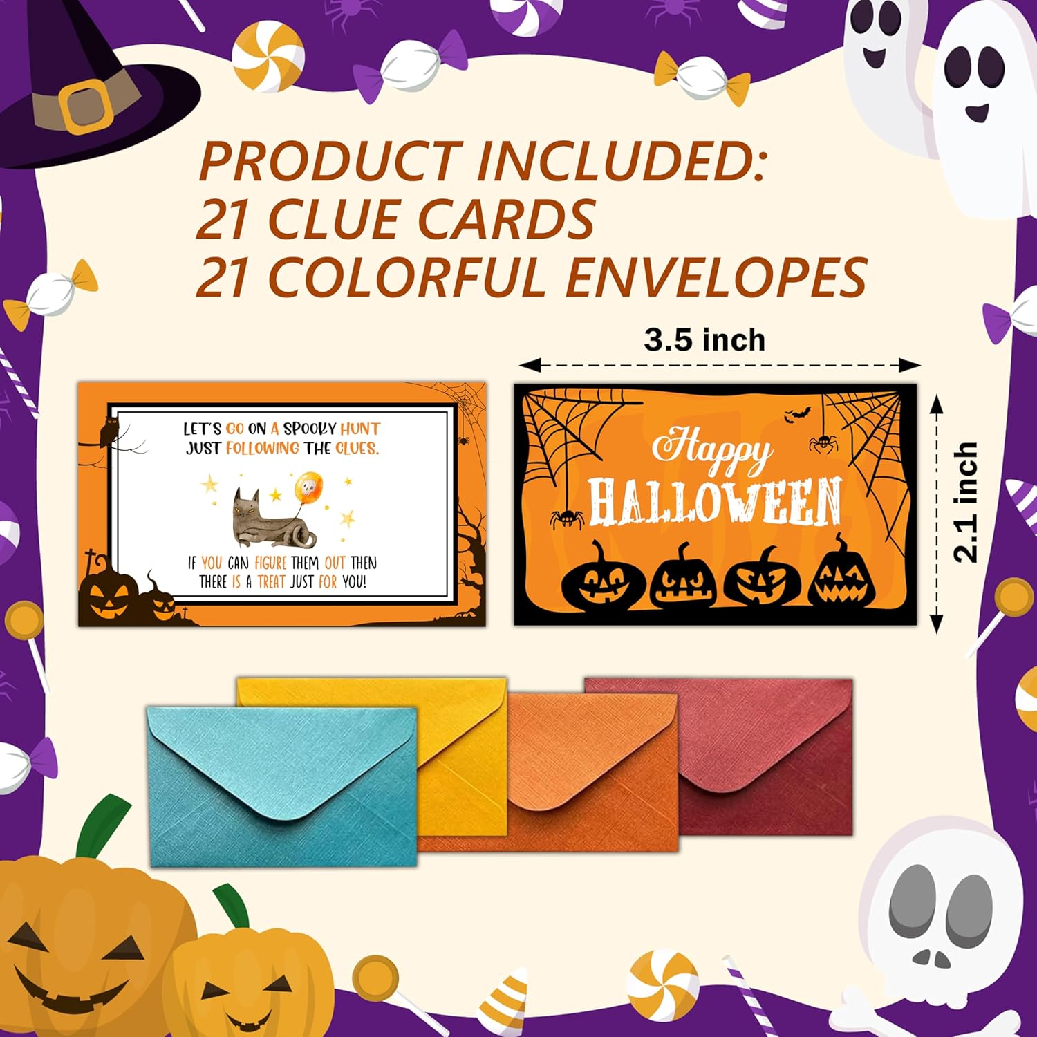 Halloween Scavenger Hunt Clues Card, Outdoor Indoor Family Treasure Riddle Hunt Games, Halloween Party Supplies Decoration, Set of 21 Cards with Colourful Envelopes -Hween001
