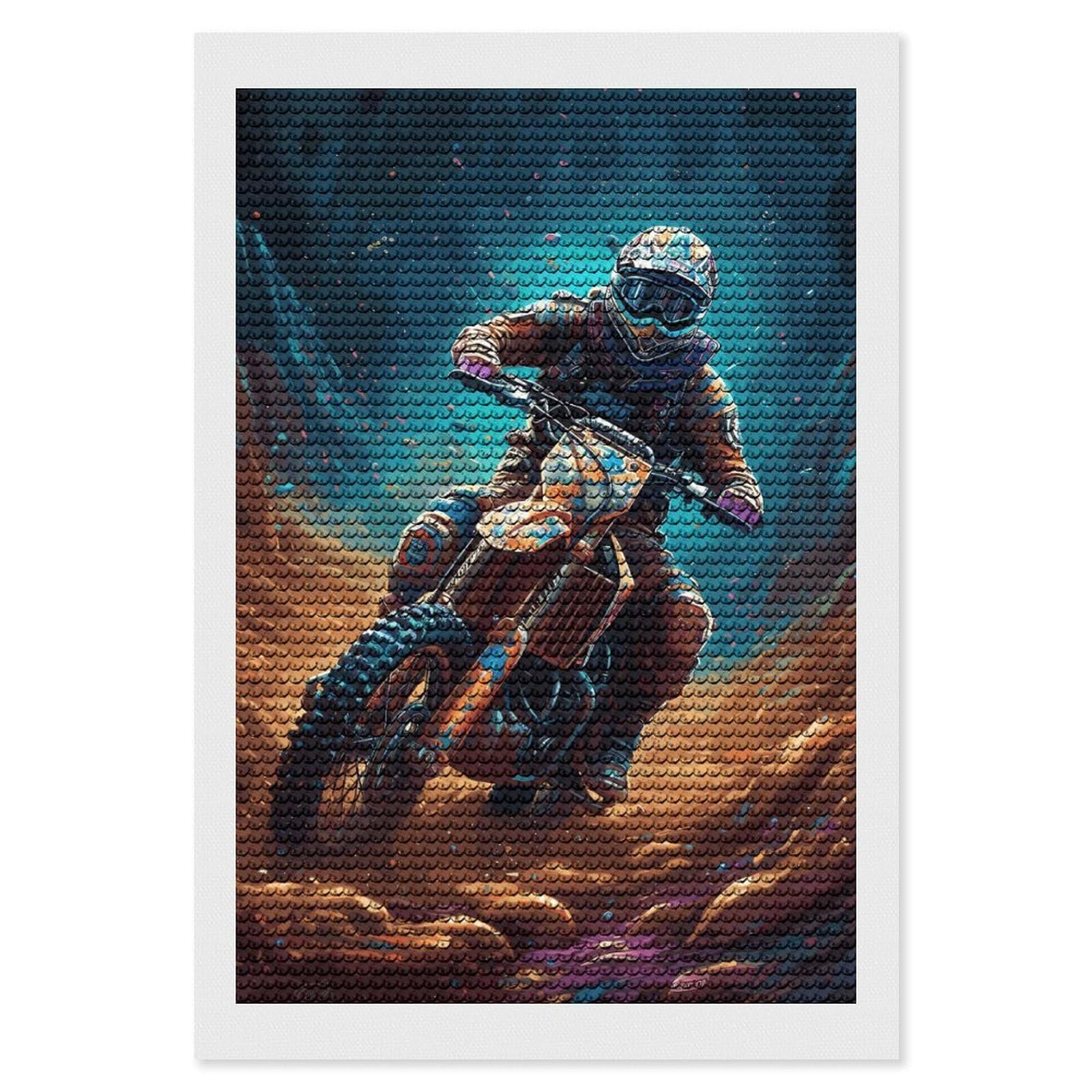 Junmoney Dirt Bike Space Astronaut DIY Diamond Art Canvas Kit 8"x12", Adhesive Canvas, Easy to Enjoy, Farmhouse Decor, Festive Craft Gift