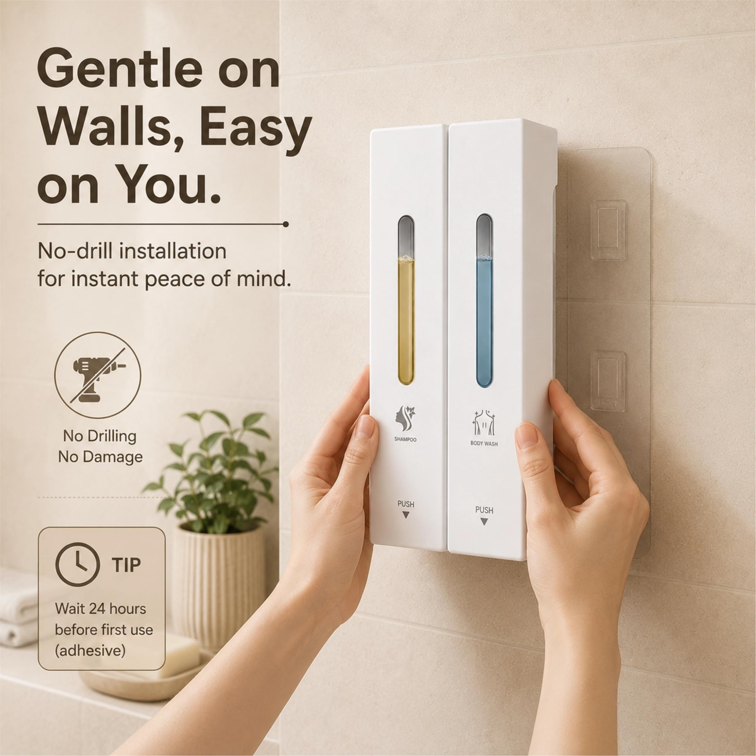 Dispensador Jabón Baño Pared Sin Taladro, Dosificador Gel Ducha y Champú 400/800/1200 ML con Botón Ancho, Plástico ABS Antioxidante (Botón Grande-Nuevo Blanco Mate 2 Compartimentos)