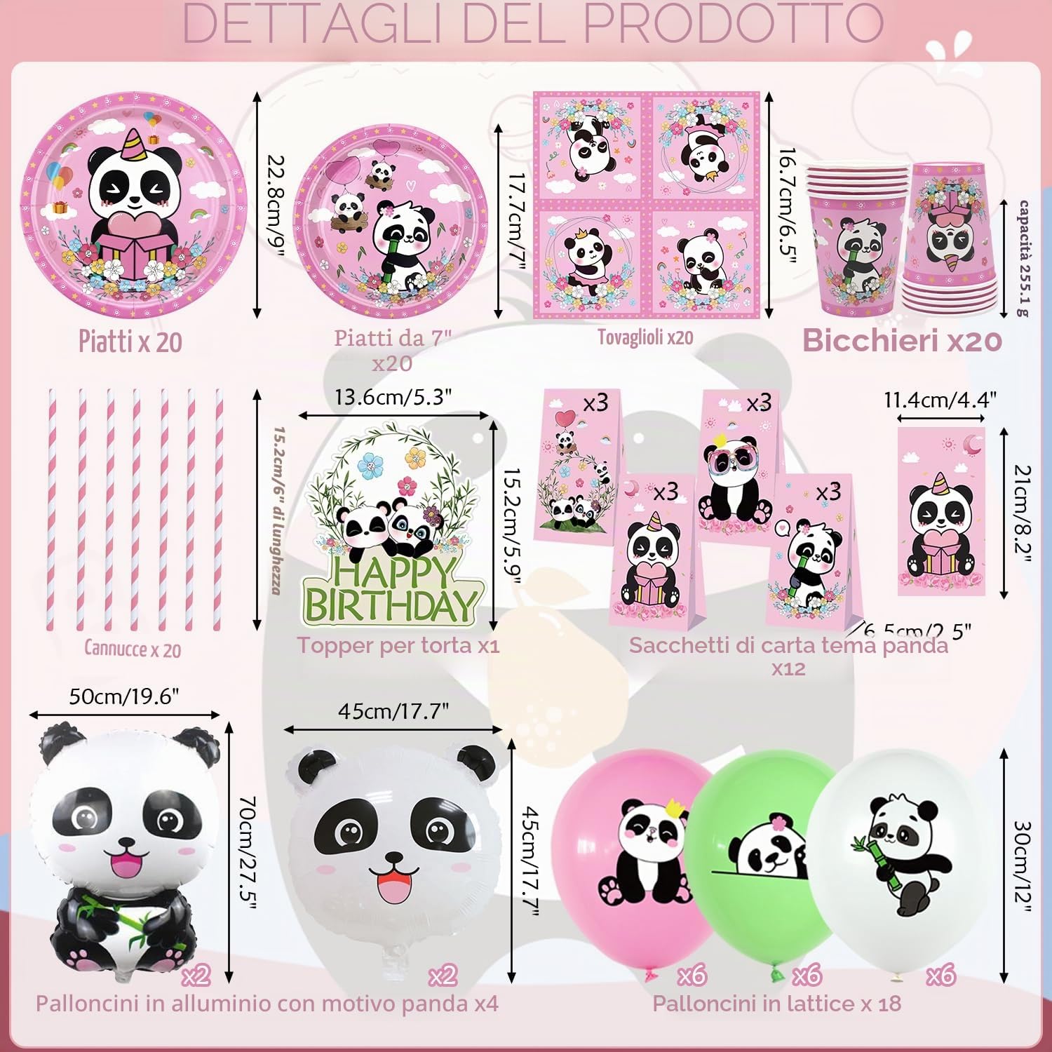 Panda decorazioni di compleanno – striscioni, piatti, tazze, tovaglie, palloncini per feste di ragazze (B)
