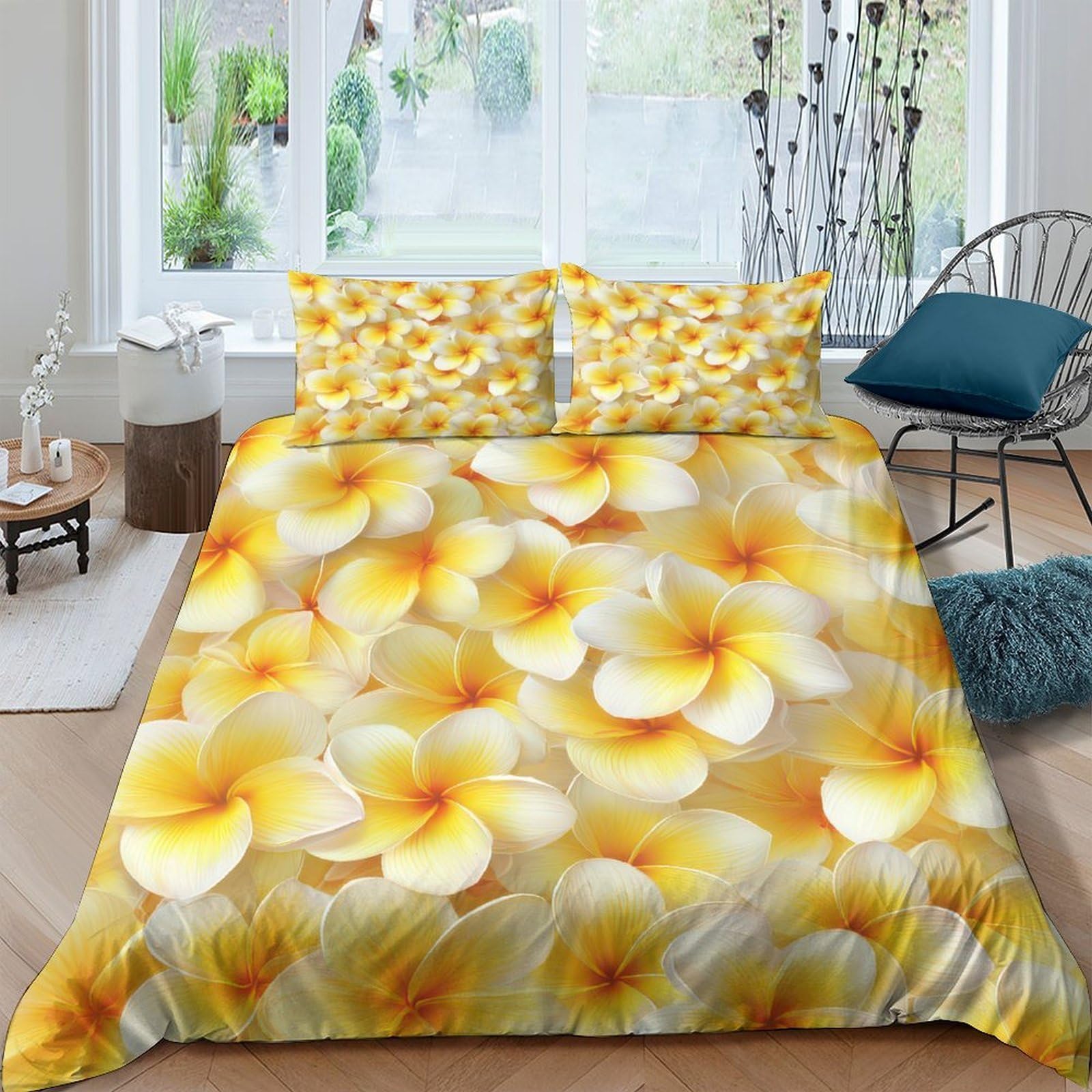 GPLZQXKJNH 3D Printed Yellow Plumeria Flower Duvet Cover Microfiber Bedding Set with 2 Pillowcases, Breathable for Bedroom Decor Single（135x200cm）