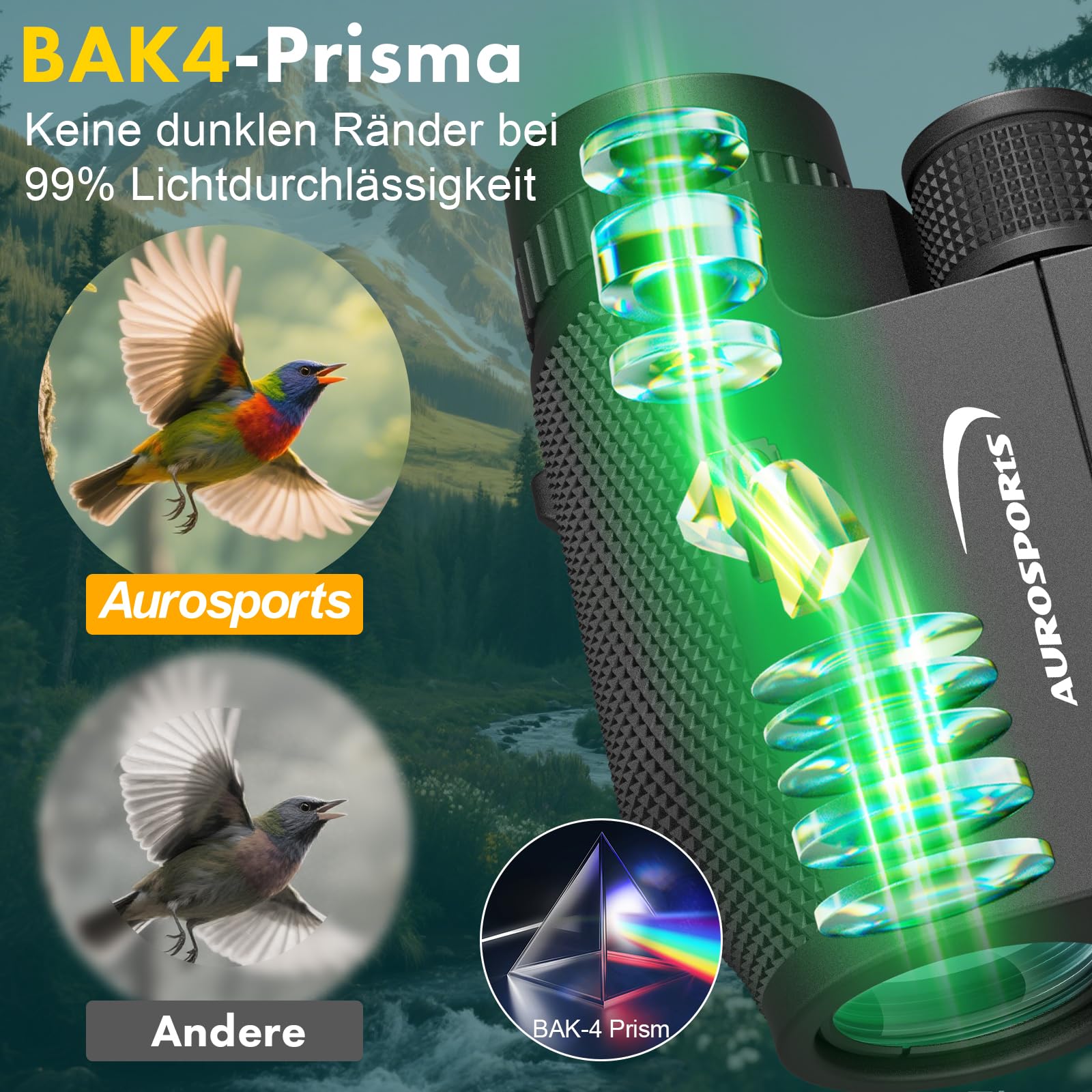 Aurosports Binocolo piccolo da 12 x 32 per adulti e bambini | Compatto, chiarezza superiore, messa a fuoco ridotta, grande oculare, ideale per bird watching, safari, viaggi, caccia