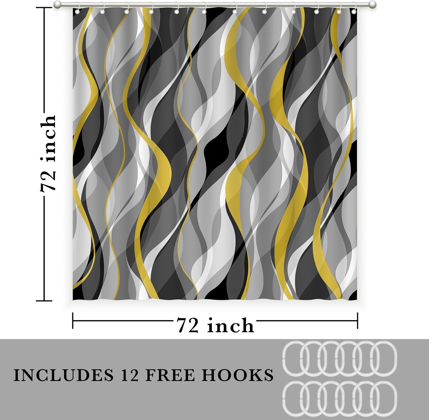 Yellow and Grey Shower Curtain for Bathroom Yellow and Black Shower Curtain Fabric Modern Abstract Striped Minimalist Bath Curtains Waterproof Shower Curtains Set, Black Gray Yellow, 72 x 72 Inch