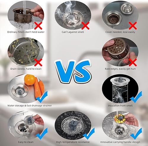 Vista 36 de Hibbent - Combo de colador y tapón de drenaje desplegable 3 en 1 para fregadero de cocina, de acero inoxidable, cesta antiobstrucción, con mango