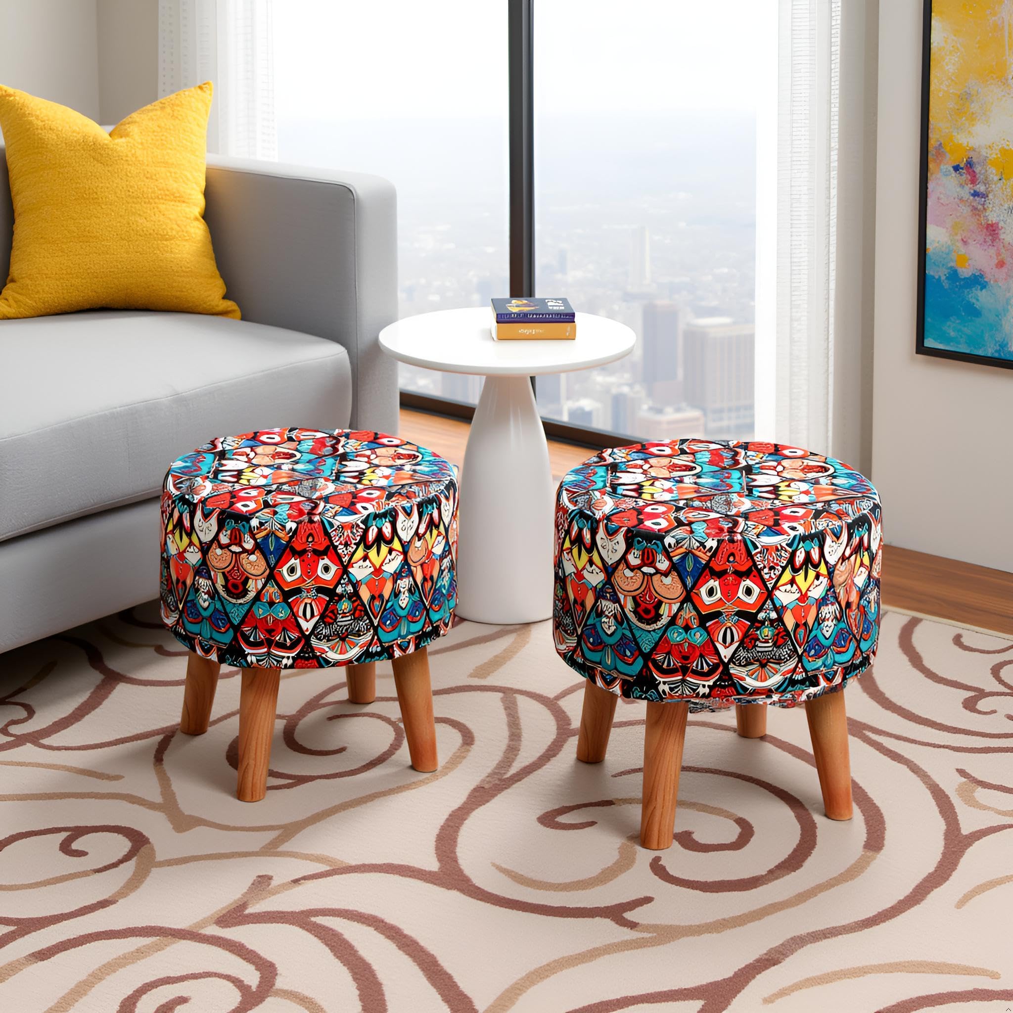NACIA Printed Sitting Ottoman Stool (16X16X17 Inches) for Living Room, Bedroom | Wooden Pouffes for Sitting & Footrest | Puffy Foot Stool Furniture for Home Décor, (Multicross)