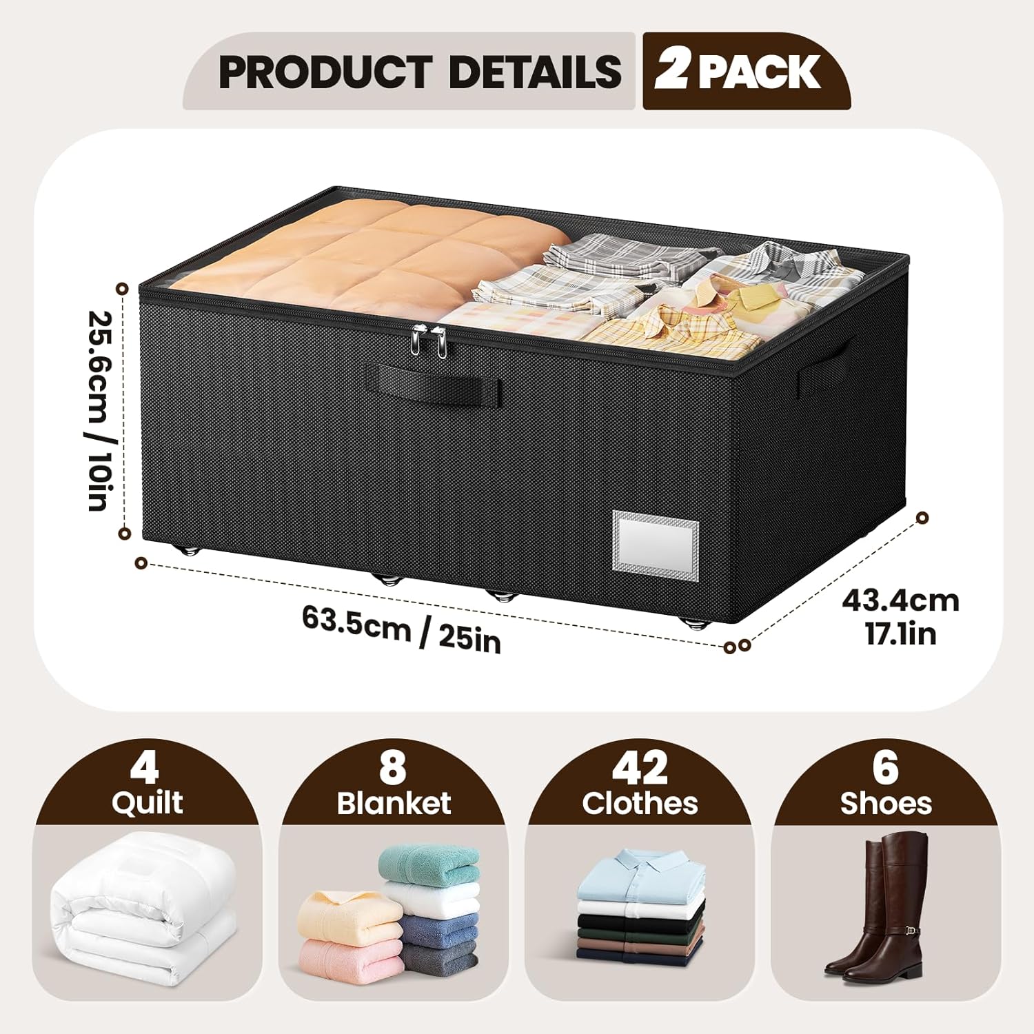 Underbed Storage with Wheels, 2 Pack Under Bed Storage Containers with Clear Lids, No Assembly Required 10.1 inch Rolling Under Bed Storage for Clothes, Blankets