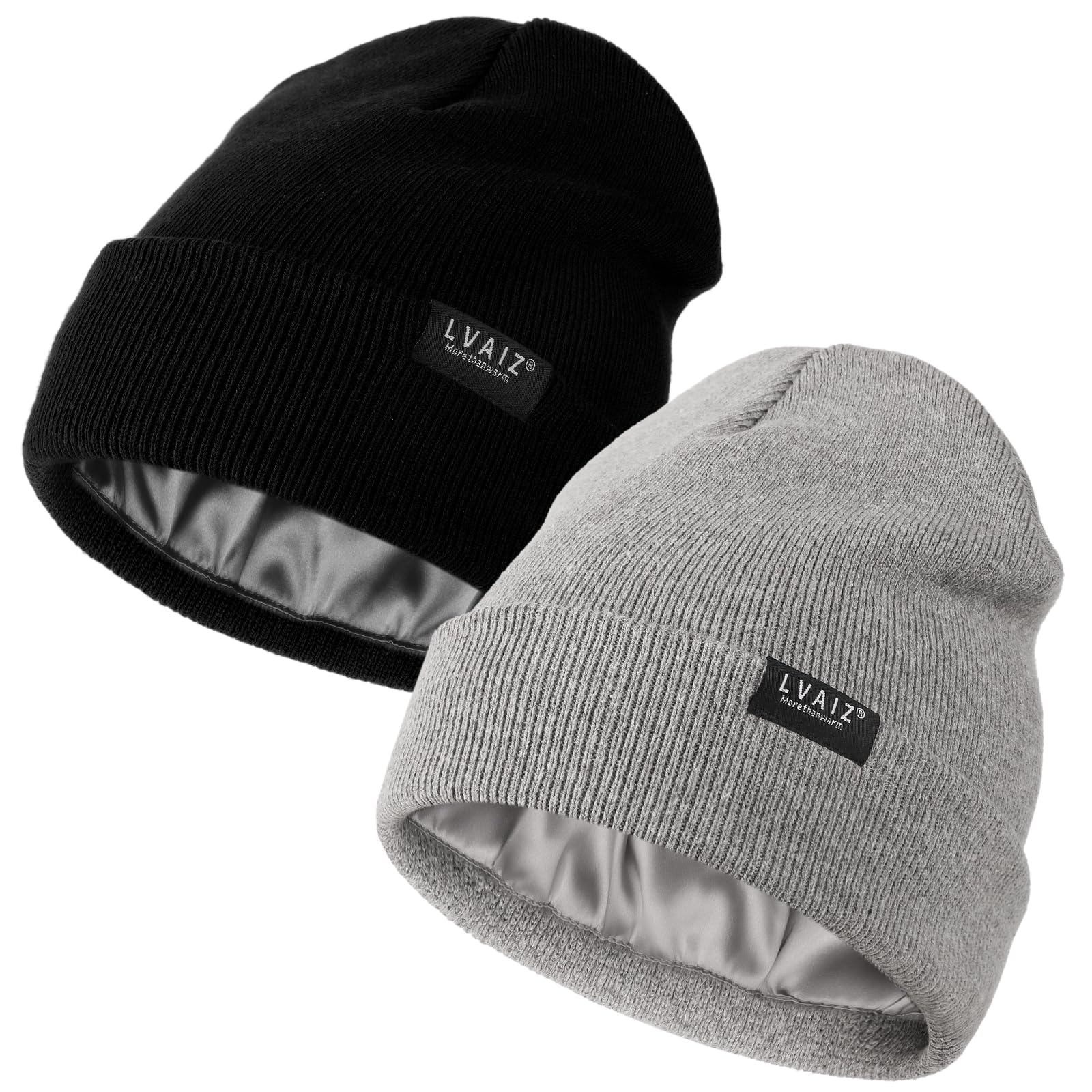 2 Pack Satin Lined Beanie Hats for Men Women Winter Warm Knitted Cuffed Silk Lined Slouchy Skull Cap