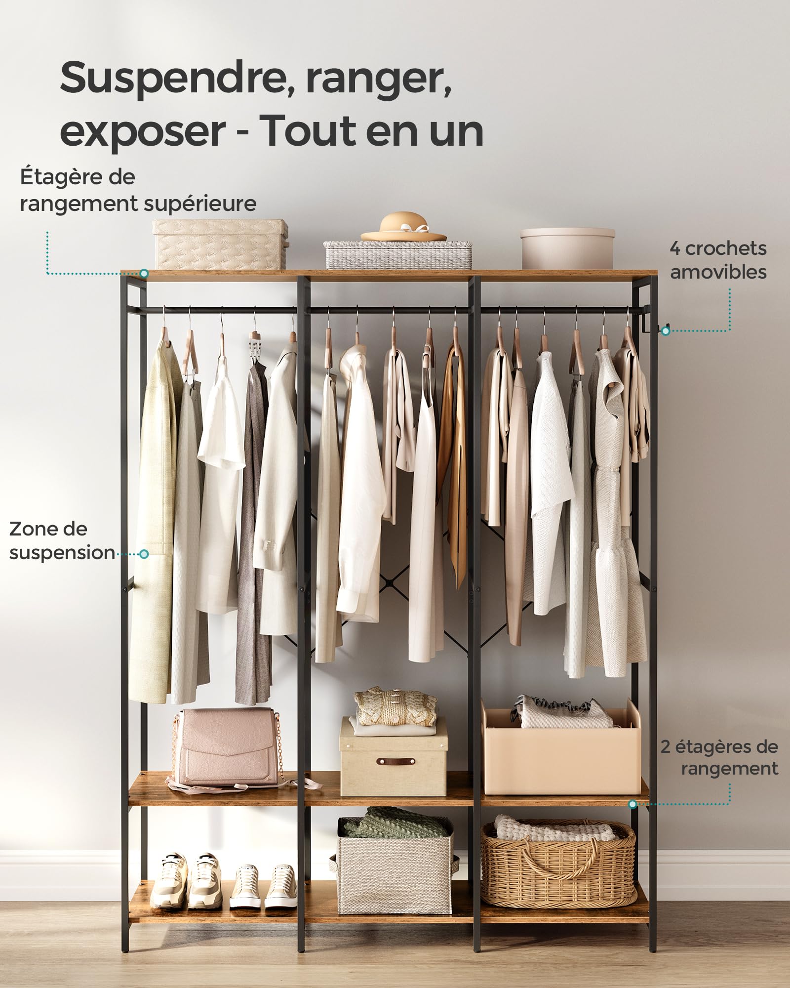 SONGMICS Armoire Vêtements Portable, Penderie Métal Pliable, Étagères de Rangement avec Tringle, Crochet Amovible, 40 x 141 x 180 cm, Marron Rustique RGR005B01