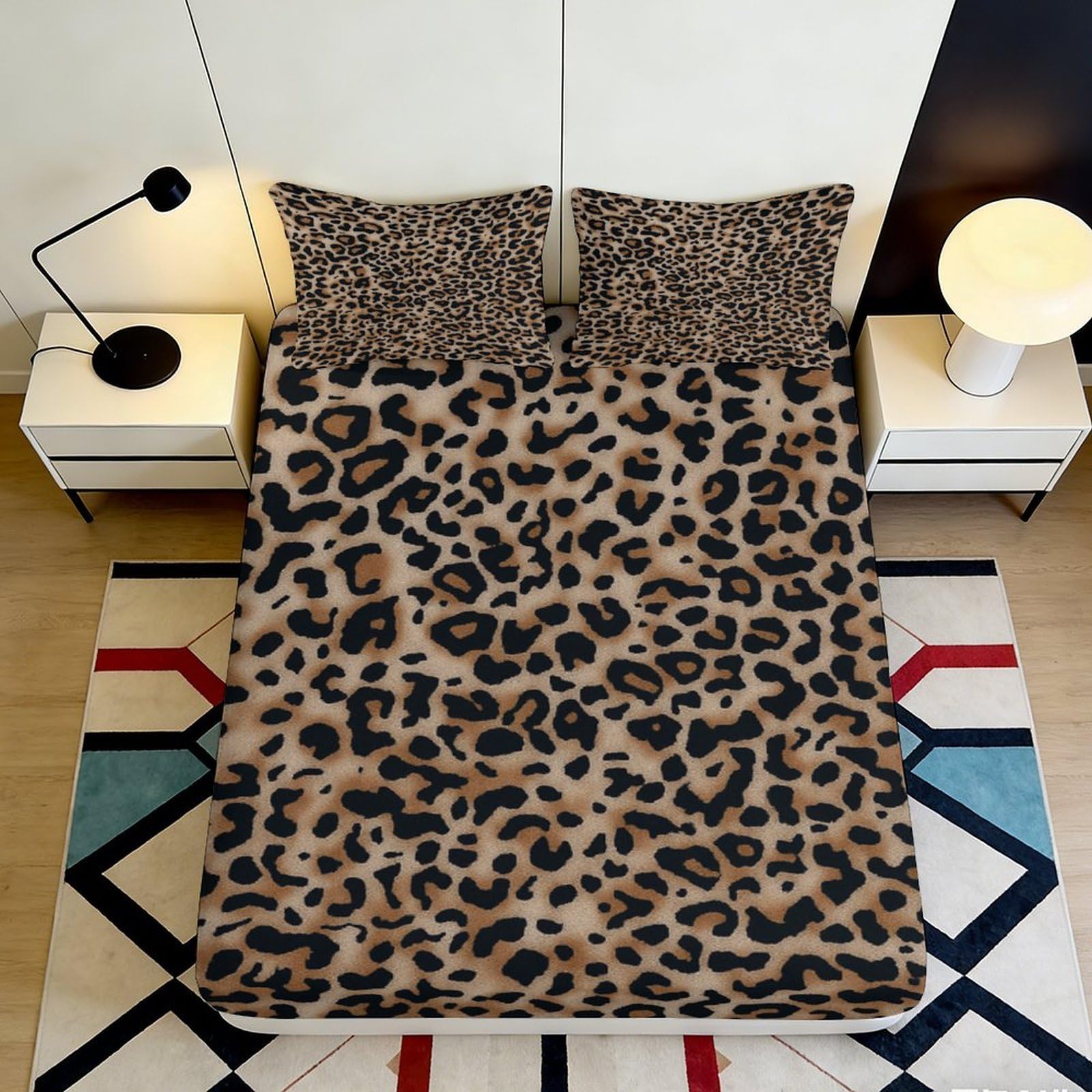 3D Printed Leopard Pattern Fitted Sheet Microfiber Soft Durable Leopard Print Bed Cover for Bedroom Dormitory Guest Room Mattress Protection 160x200x25cm