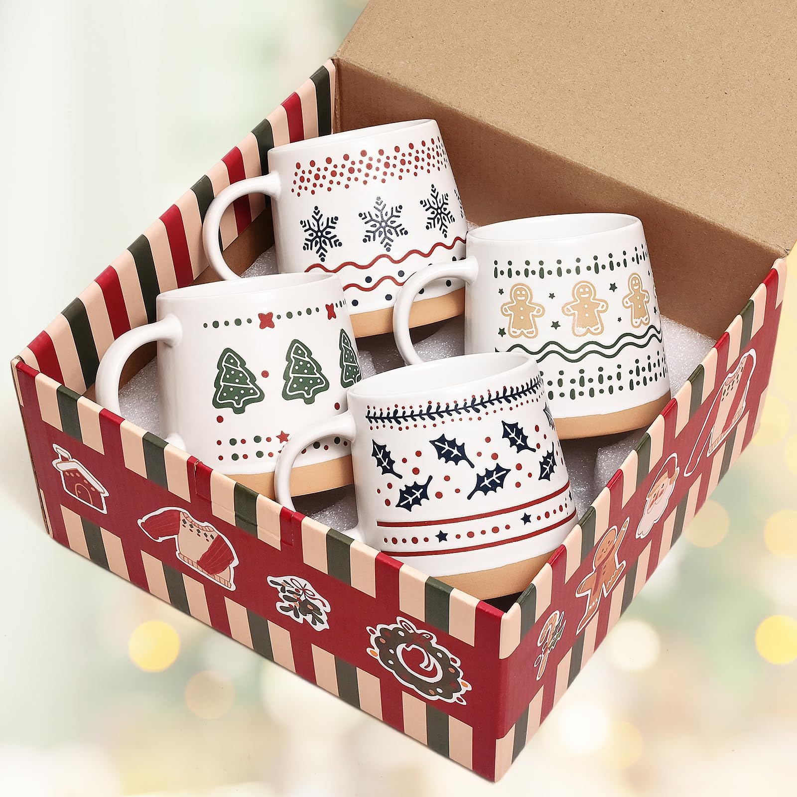 Joymaking Tasse Weihnachten Set Weihnachtsgeschenke für Frauen Freunde Kaffeetasse mit Weihnachtsbaum Schnee Lebkuchenmann Weihnachtstasse für heißen Kakao Glühwein, 400ml 4er Set Weihnachtstassen