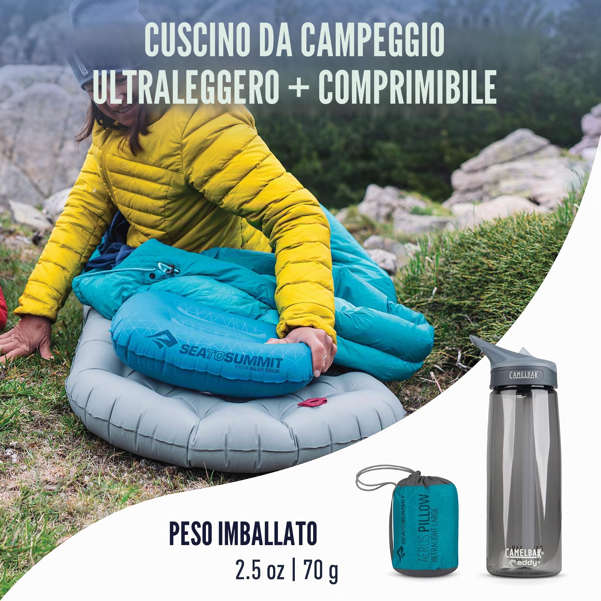 Sea to Summit Aeros Ultralight Cuscino da viaggio L, sagomato e facile da gonfiare, tessuto in poliestere 20D, antiscivolo, ultraleggero, per escursioni, 44 x 32 x 14 cm, blu acqua, 70 g
