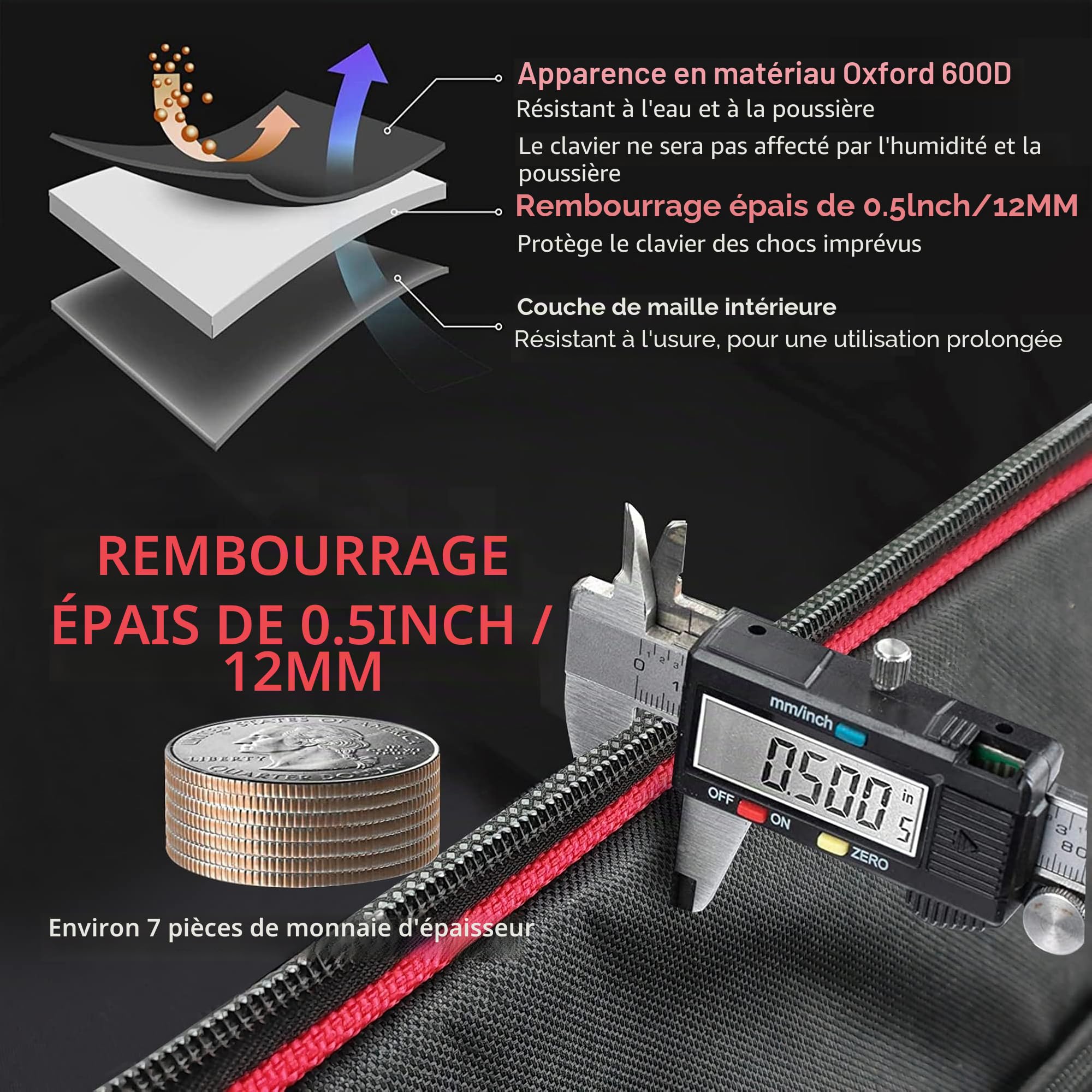 Ruibo Housse de Transport pour Clavier 61 Touches - Portable et Durable - Tissu Oxford 600D imperméable - avec Housse rembourrée en Coton de 10 mm - 101,6 x 40,6 x 15,2 cm - Noir + Rouge