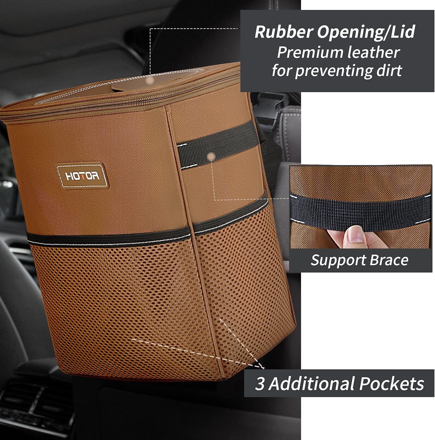HOTOR Car Trash Can, Leakproof Car Organizer, 2-Gallon, Brown view 7