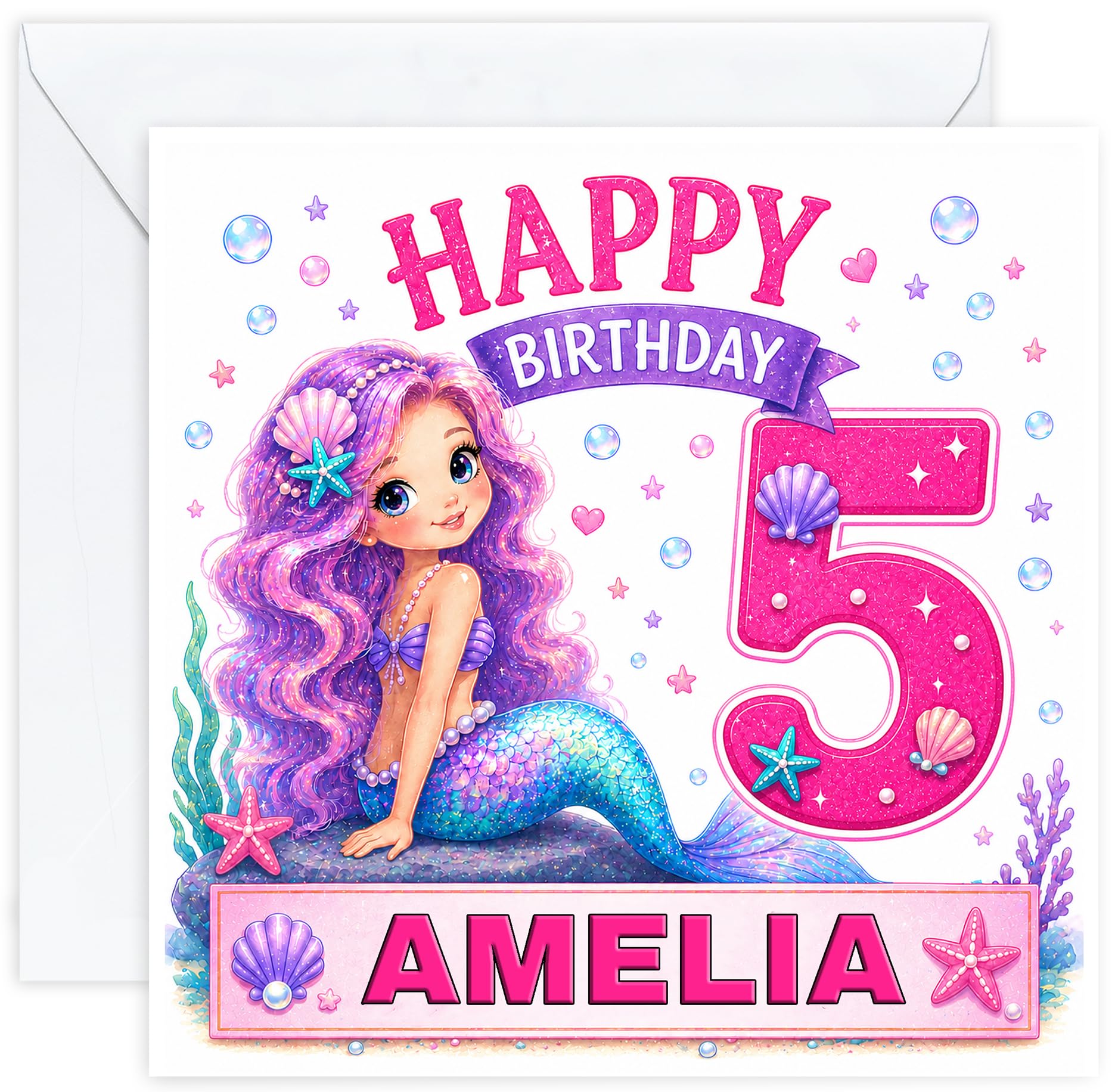 Personalised Girls 5th Birthday Card – Mermaid Under The Sea – Name