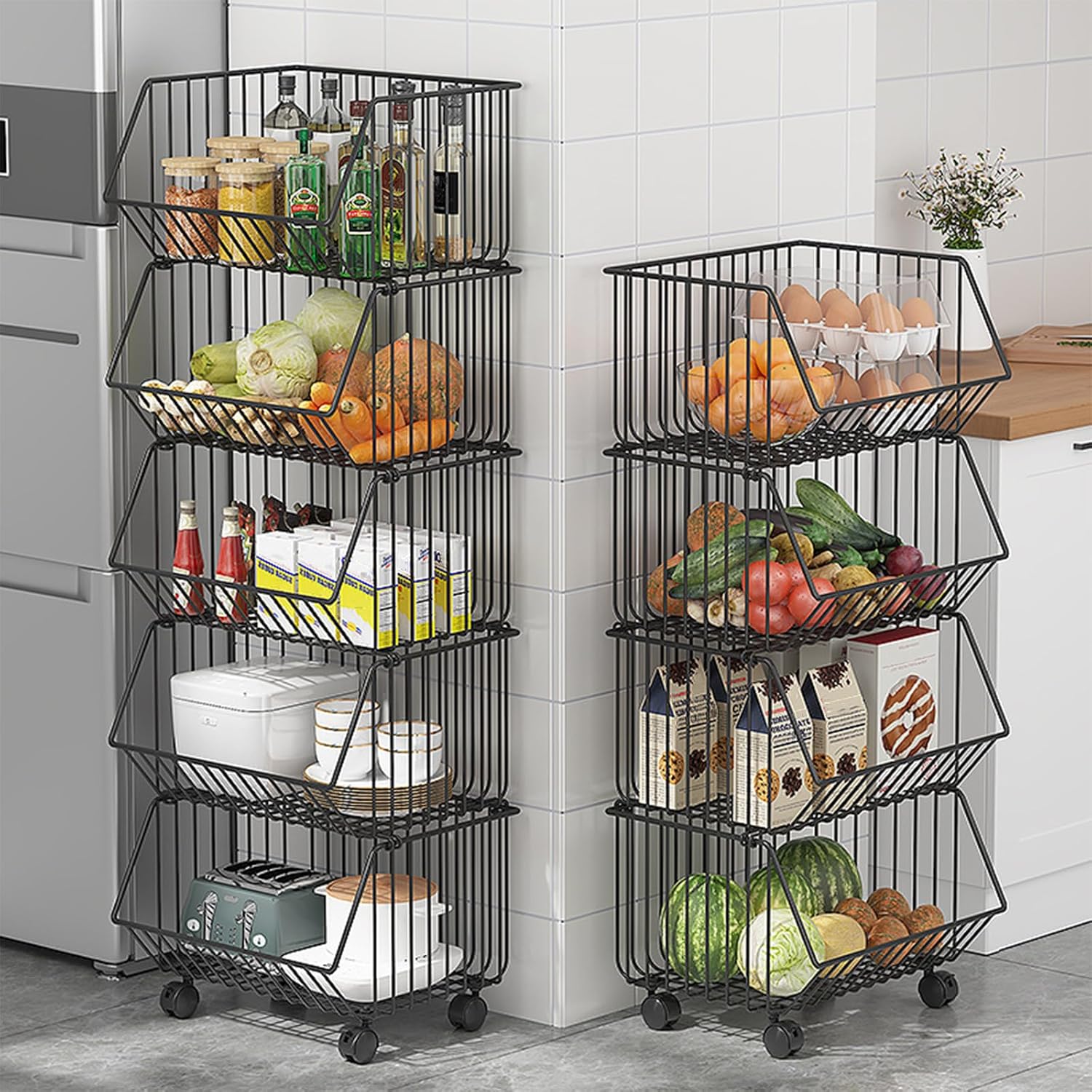 Basket Shelf Wire Shelving Unit, Rolling Storage Cart, Fruit Basket Stand, Kitchen Cart with Wheels for Garage, Living Room, Kitchen, Office Pantry Corner (5 Tier)