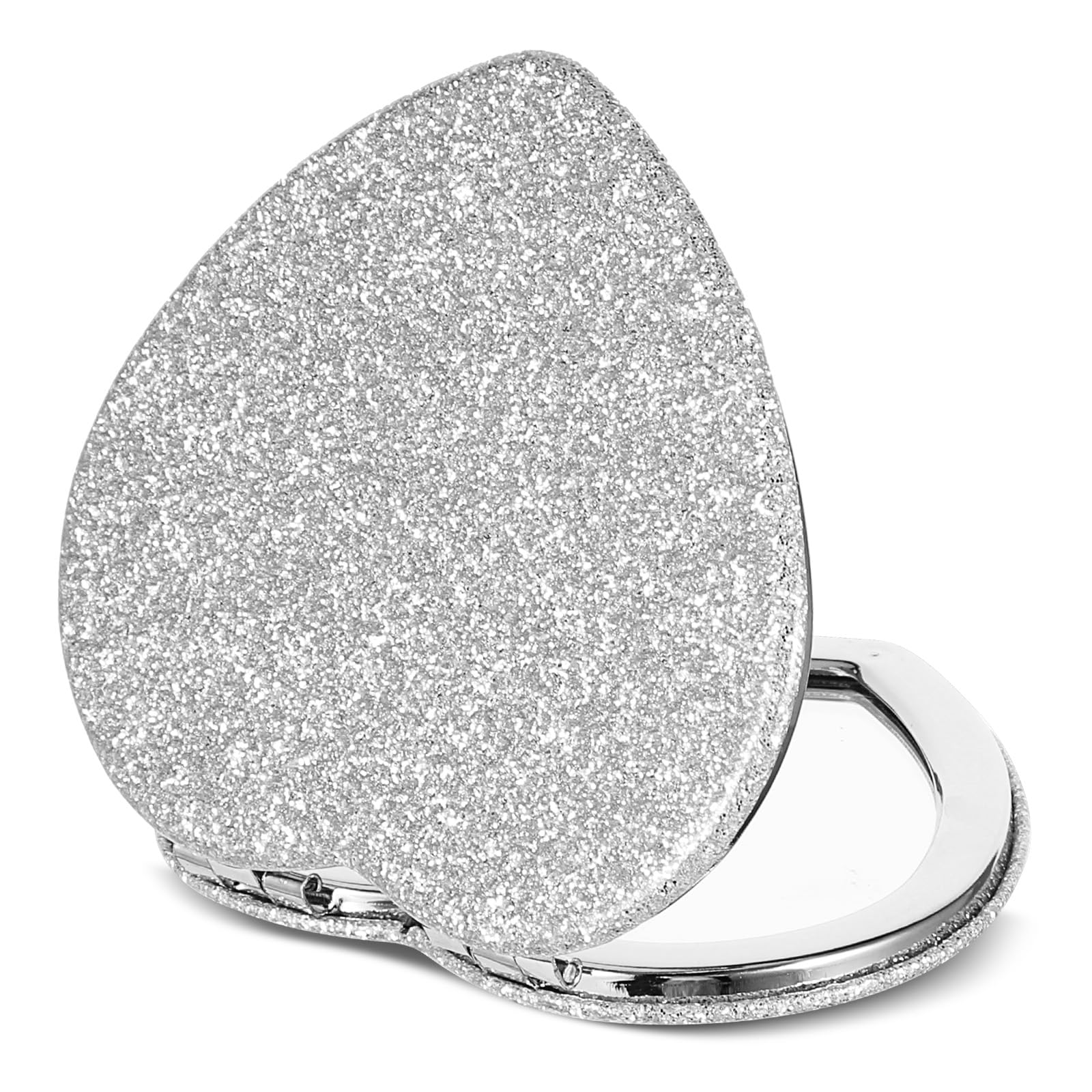 Compact Folding Mirror Heart Shaped Magnifying Mini Vanity Mirror Portable Travel Makeup Tools for Purse Double-Sided Cute Glitter Cosmetic ccessories (Silver-Silver)-image-24