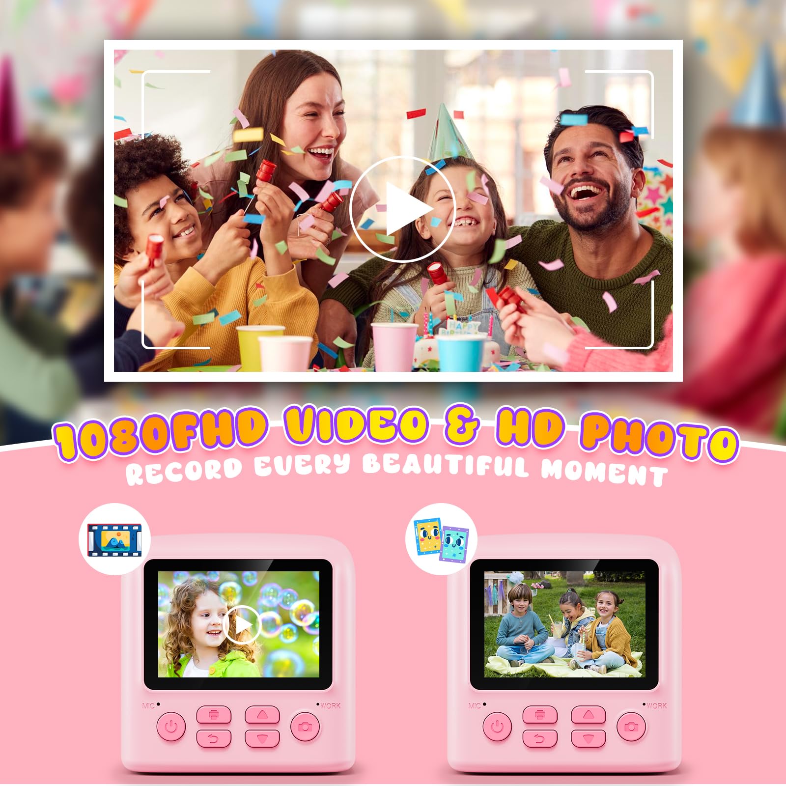 Appareil Photo Instantané Enfant, Kaishengyuan 2,4" 1080P Appareil Photo Enfant avec 32GB Carte & Papier d'impression, Stylos Colorés, Cadeau pour Filles Garçons de 3-12 Ans(Rose)