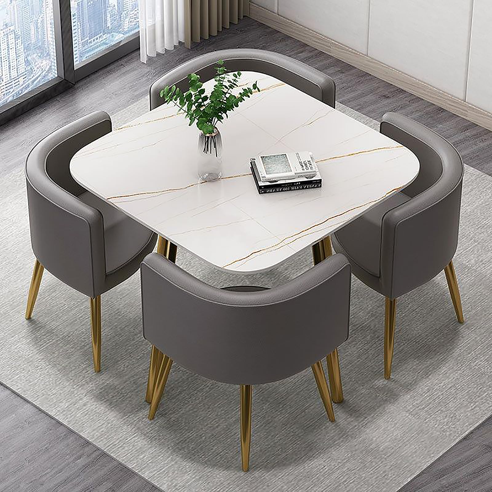 OLSKFUH Modern Round Dining Table Set With 4 Chairs For Business Meetings And Office Conference Small Round Coffee Table And Chair Combination Pu 6,Pu-6-80 * 80 * 73cm