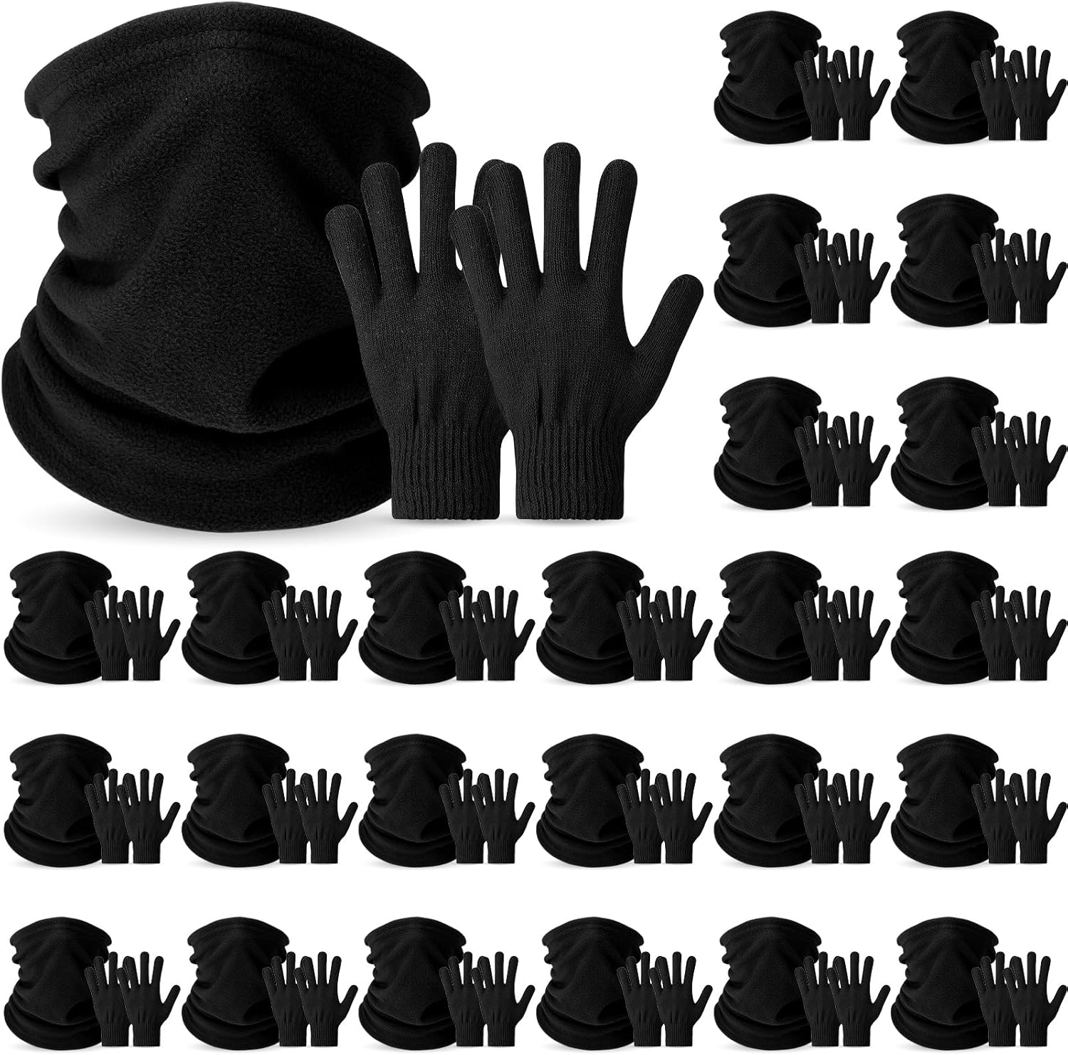 Handepo 25 Sets Winter Gloves Neck Warmer, 25 Knitted Thermal Gloves 25 Winter Fleece Neck Gaiter Cold Weather Mittens for Adults Men Women Homeless Donation Shelters, Black