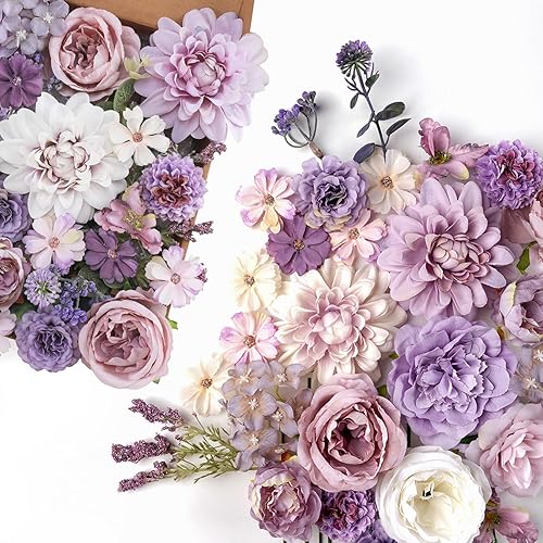 Senseya - Juego de flores artificiales, rosas de seda púrpura, peonías, dalias con tallos para ramos de boda, baby shower, centros de mesa,