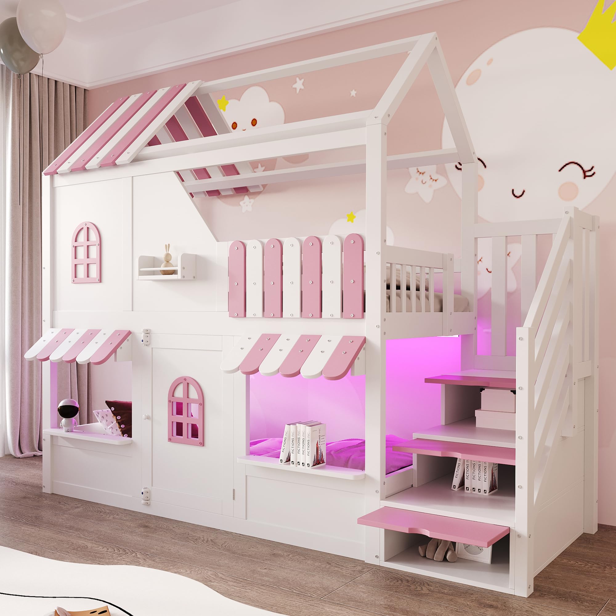 Kinder Etagenbett 90x200 cm, Hausförmiges Design mit Dach, Fenstern und Tür, Stauraumtreppe, LE/D Rendering und Regalen, Sichere Geländer und Holzgestell, ohne Matratze (Weiß + Rosa)