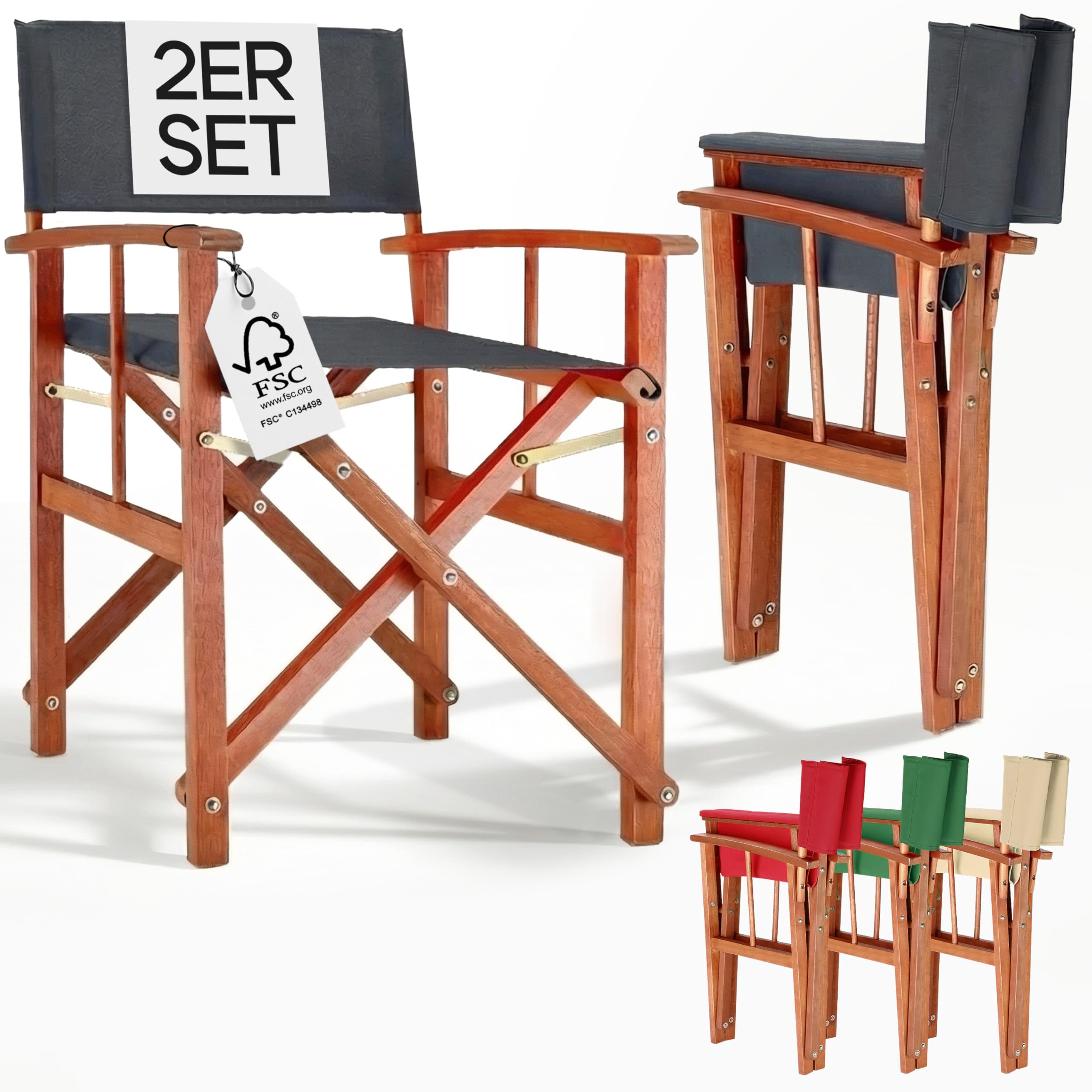 Wooden Folding Directors Chairs x2 ANTHRACITE | Set of 2 Folding Garden Chairs with Arms | Eucalyptus Wood Frame Fabric Seat Foldable Outdoor Chairs | Patio Balcony Camping Decking Garden Furniture