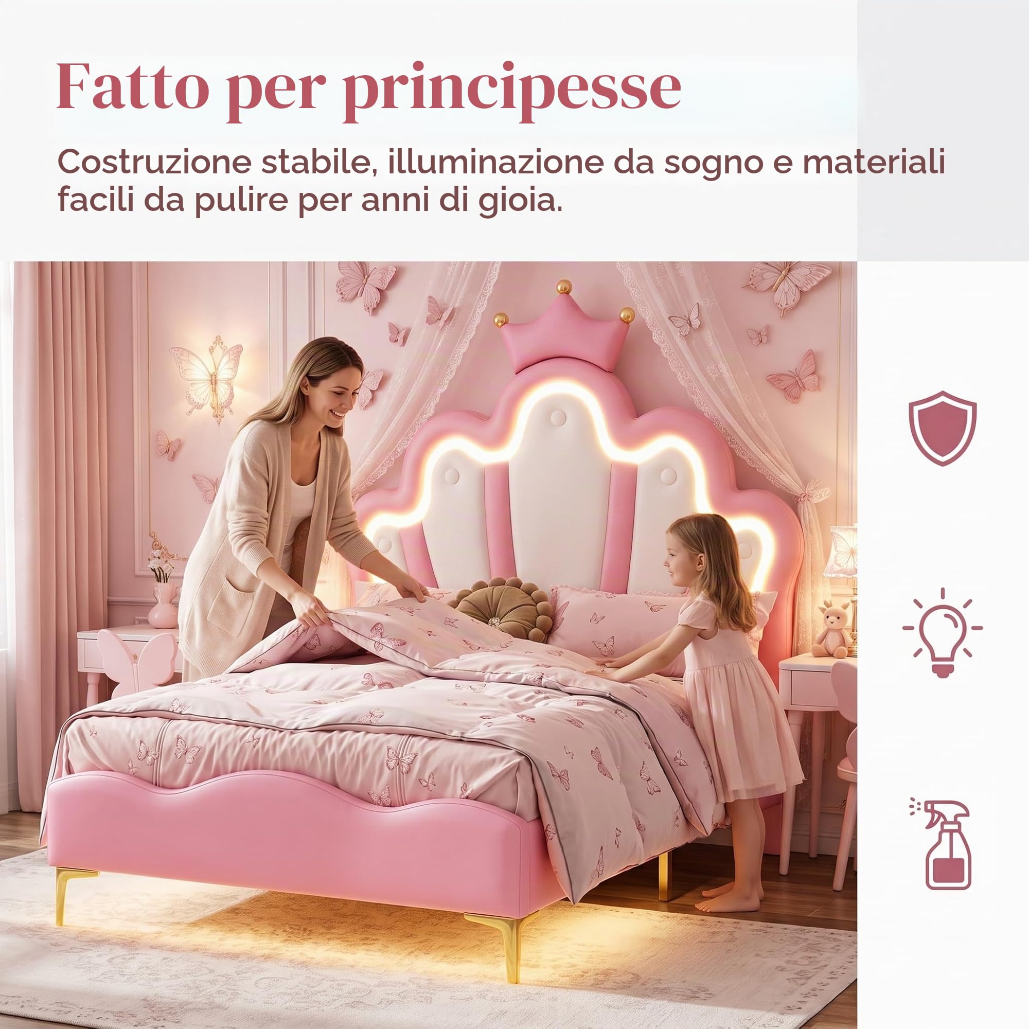 Letto matrimoniale imbottito per bambini, 140 x 200 cm, letto per ragazze con testiera LED imbottita e rete a doghe, in poliuretano, senza materasso (Rosa, 140x200cm)