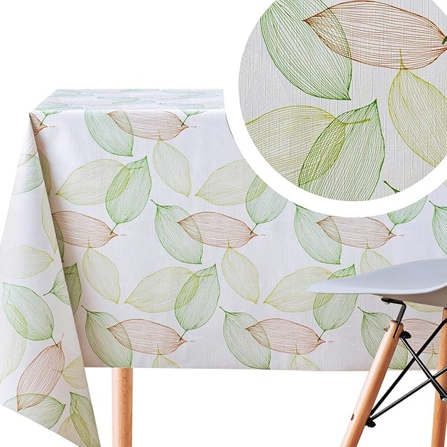 KP Home Green Leaves PVC Table cloth Wipe Clean Tablecloth On Grey Embossed Oilcloth Rectangle 200x140 cm Reusable Wipeable Vinyl Modern Leaf Print Heavy Weight Duty Table Cover 140x200