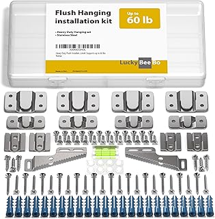Heavy Duty Flush Installation Hanging Kit - Flush Mount Bracket Hangers, Interlocking Design, Screws, Sawtooth Frame Hangers,Level. Supports up to 60 lbs