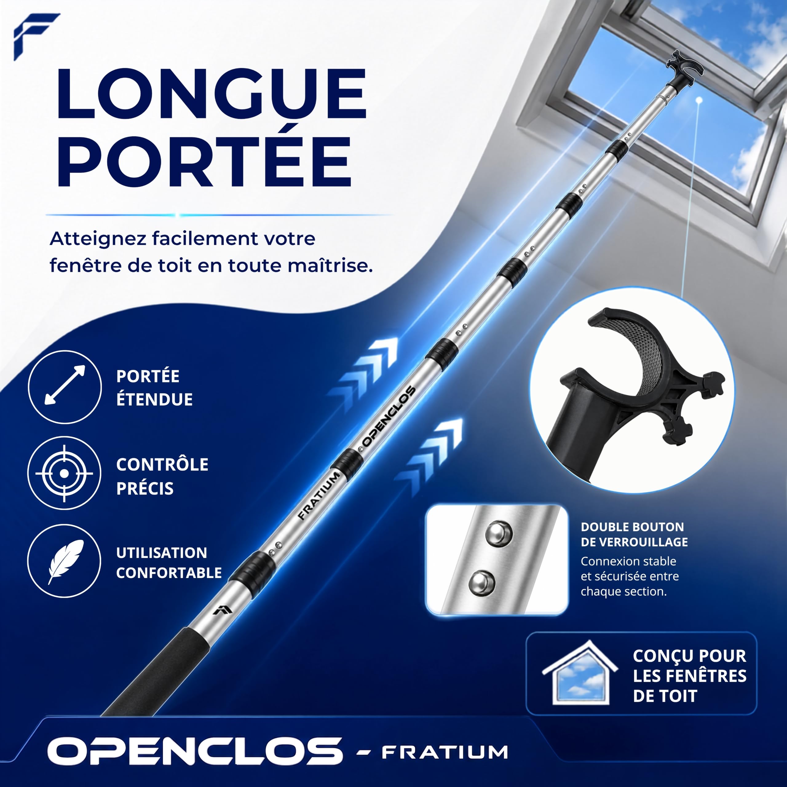 OPENCLOS Perche Canne Barre pour Fenêtre de Toit, Store Occultant, Moustiquaire, Compatible Velux GGL, GGU, GPU, GHL | Crochet Anti-Dérapant, 7 Sections Aluminium, 182 cm