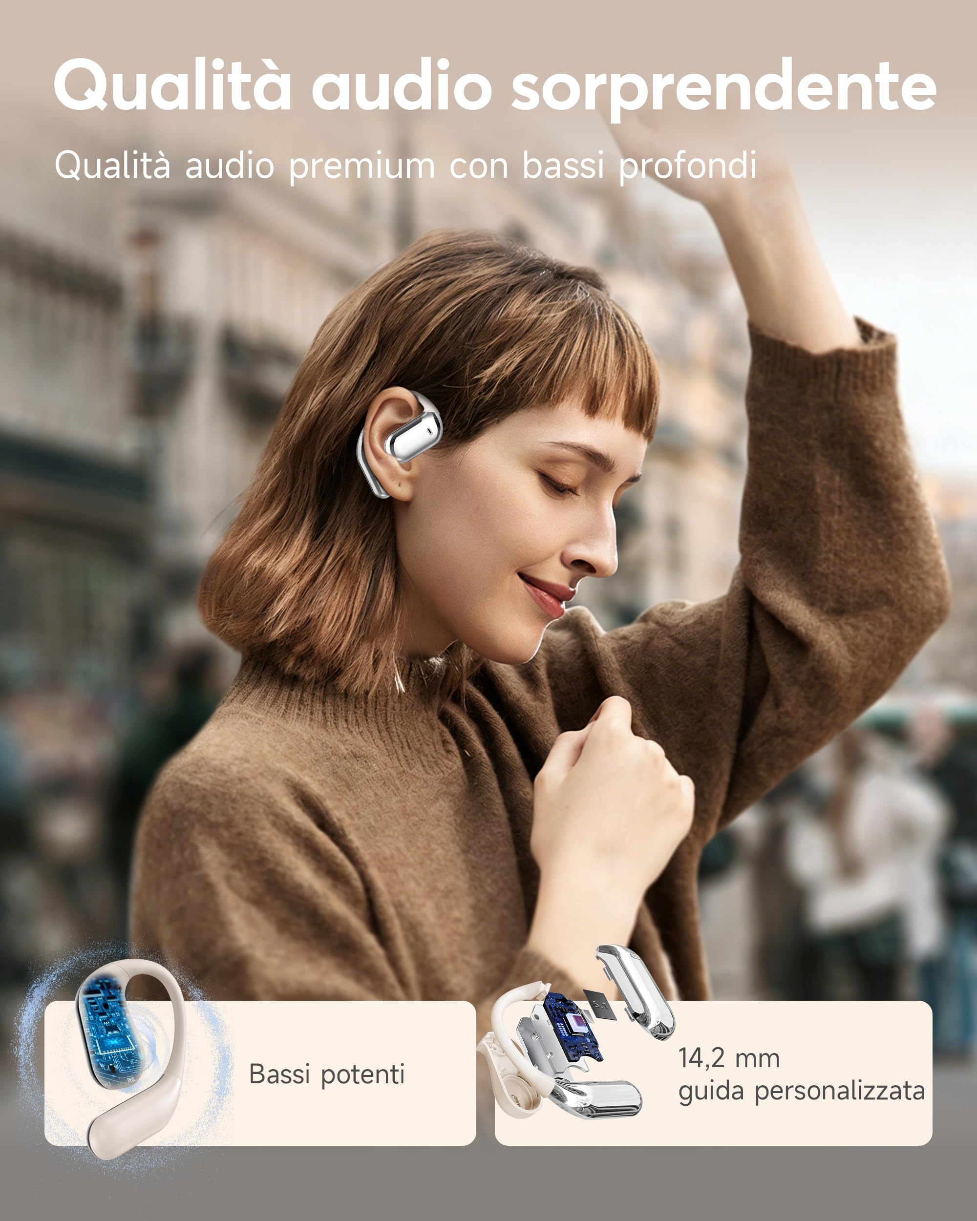 Cuffie Bluetooth Auricolari Bluetooth 5.4, Sport Cuffiette Wireless, Cuffie Open Ear 48 Ore di Riproduzione, Cuffie Senza Filo HiFi Stereo IP7 Impermeabili, Auricolare per iOS & Android, Beige Sabbia
