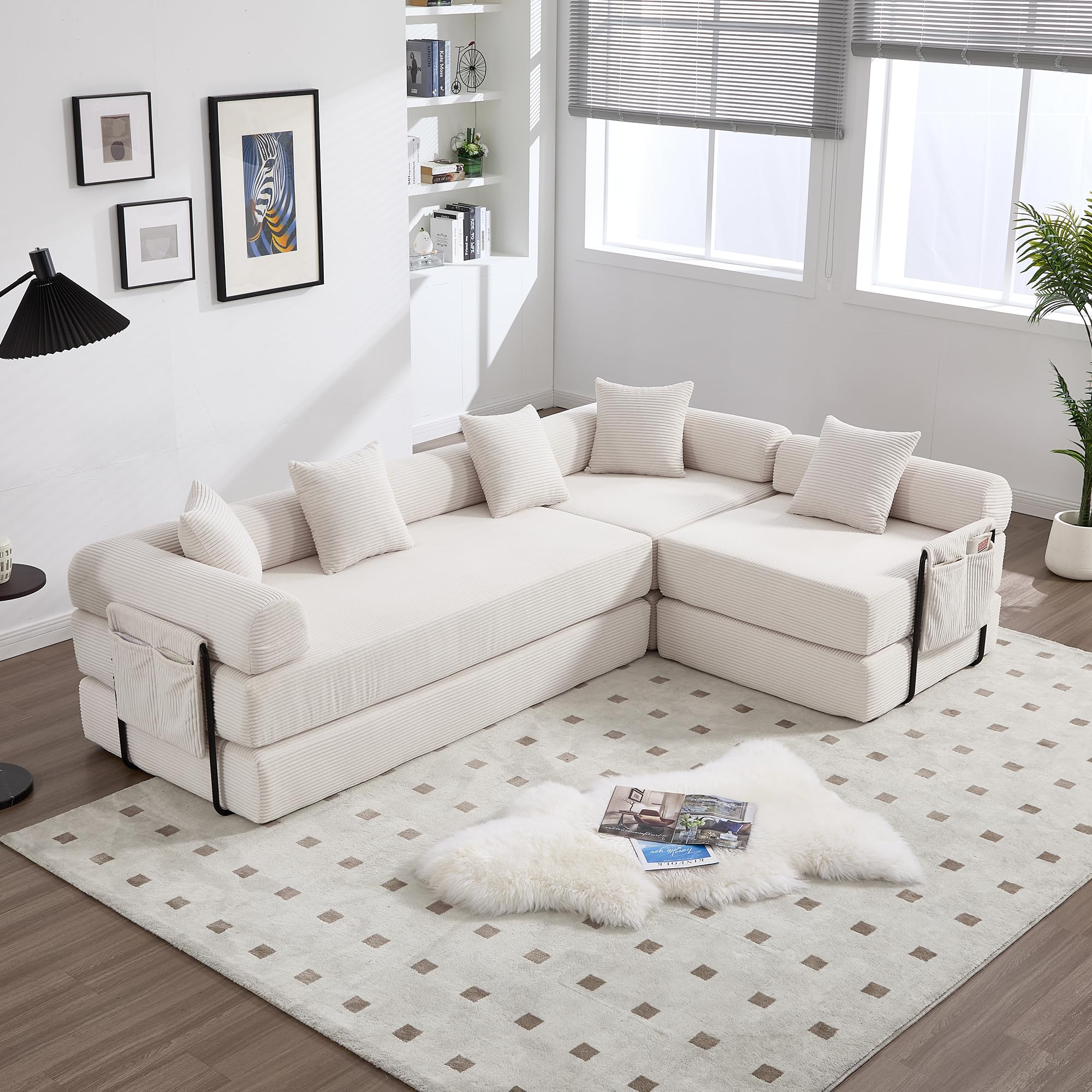 Lubvtti Sofá cama de 3 plazas con bolsillos laterales más 3 cojines, estructura de metal resistente, sofá modular plegable de compresión, sofá de 3 plazas de terciopelo acanalado (B-beige + 5 plazas)