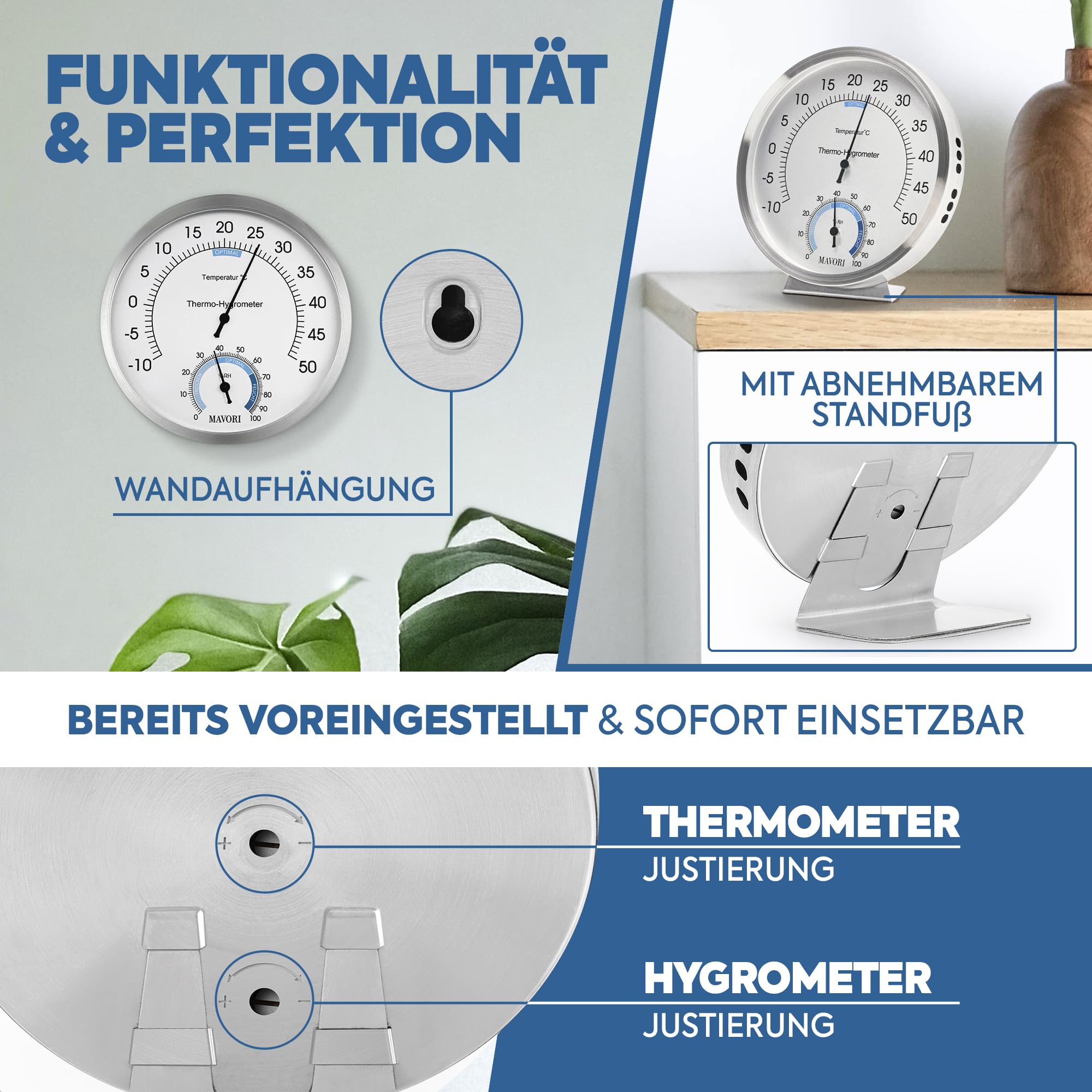 2in1 Thermometer & Hygrometer aus Edelstahl | Analog Hygrometer & Thermometer | Luftfeuchtigkeitsmesser & Raumthermometer innen für Ihr gesundes Raumklima | Ø 12,5cm