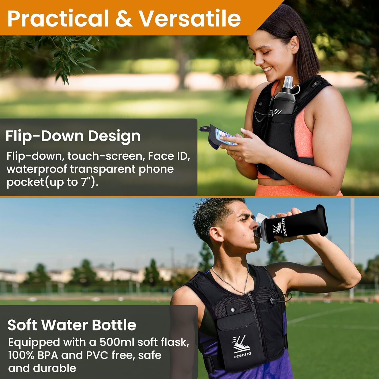 Running Vest Zip, Reflective Running Vests with 6 Pockets, 500ml Hydration Bottle, Adjustable Chest & Waistband, Breathable Material, Chest Pack Gear, Phone Holder, Men & Women
