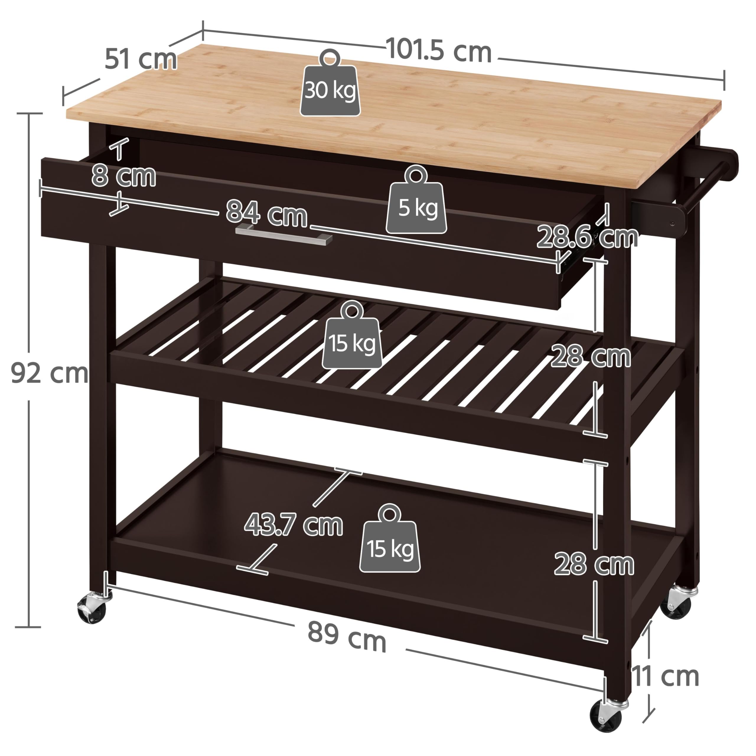 Yaheetech Carrello da Cucina a 3 Ripiani con Ruote Credenza Salvaspazio per Microonde con Cassetto per Cucina Dipensa o Bar 101,5 x 51 x 92 cm Marrone Scuro