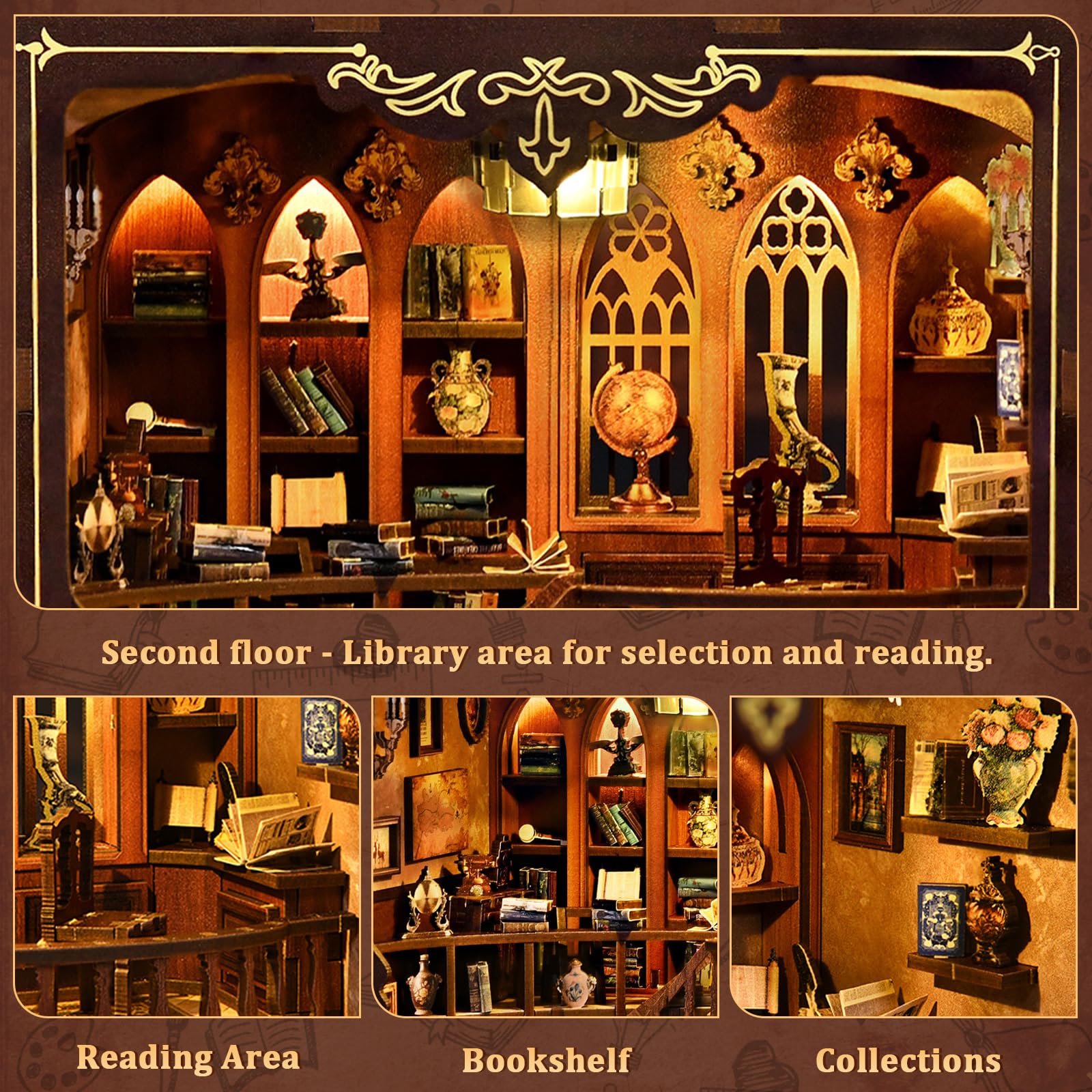 Casa Delle Bambole Kit, 3D in Legno Modellismo da Costruire con Luce Led, Piccola Casa in Miniatura DIY per Adulti, Regali Creativi Artigianali di Natale per il Compleanno (Biblioteca antica)