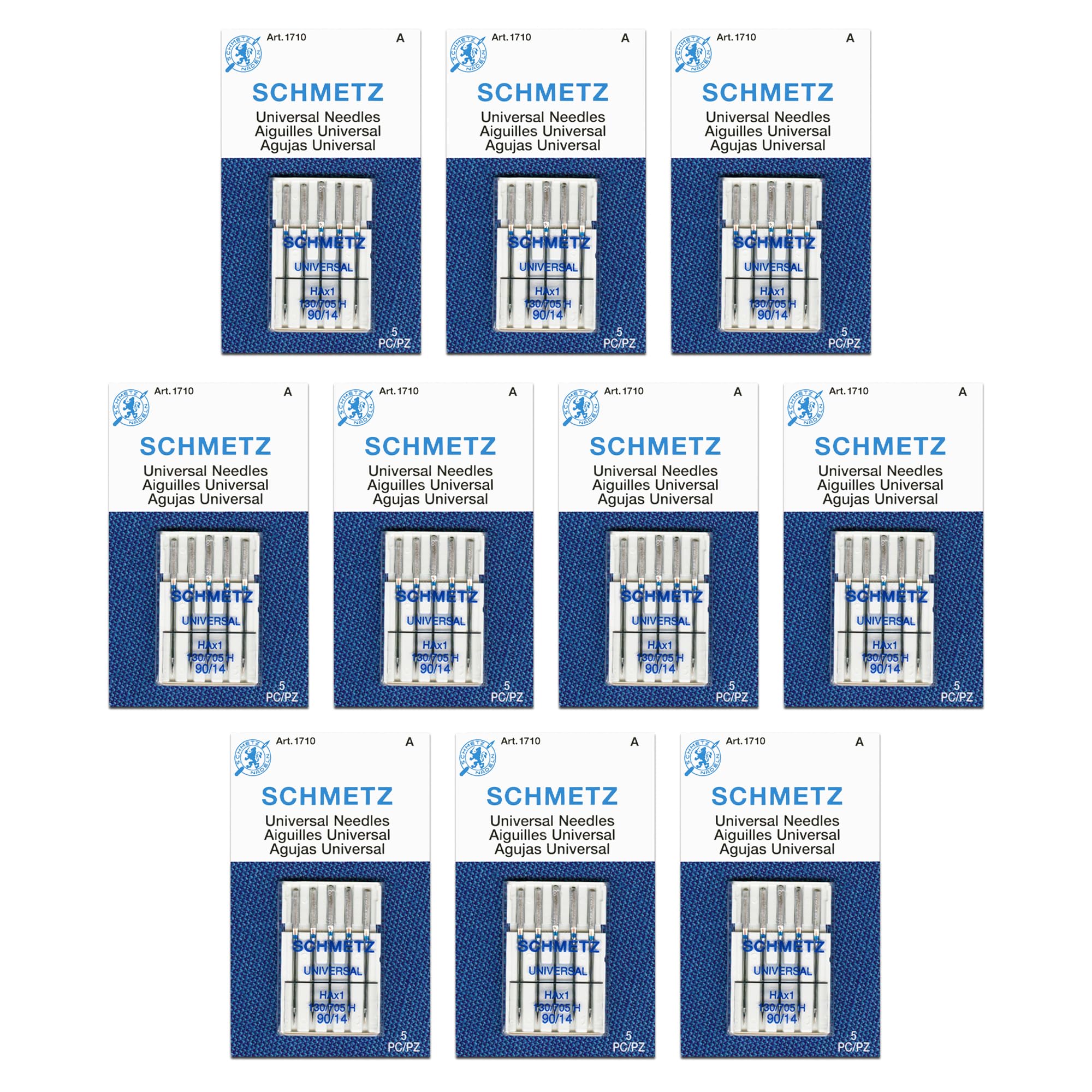 SCHMETZ Universal Sewing Machine Needles - Size 90/14, 5-Needle Cards, Pack of 10