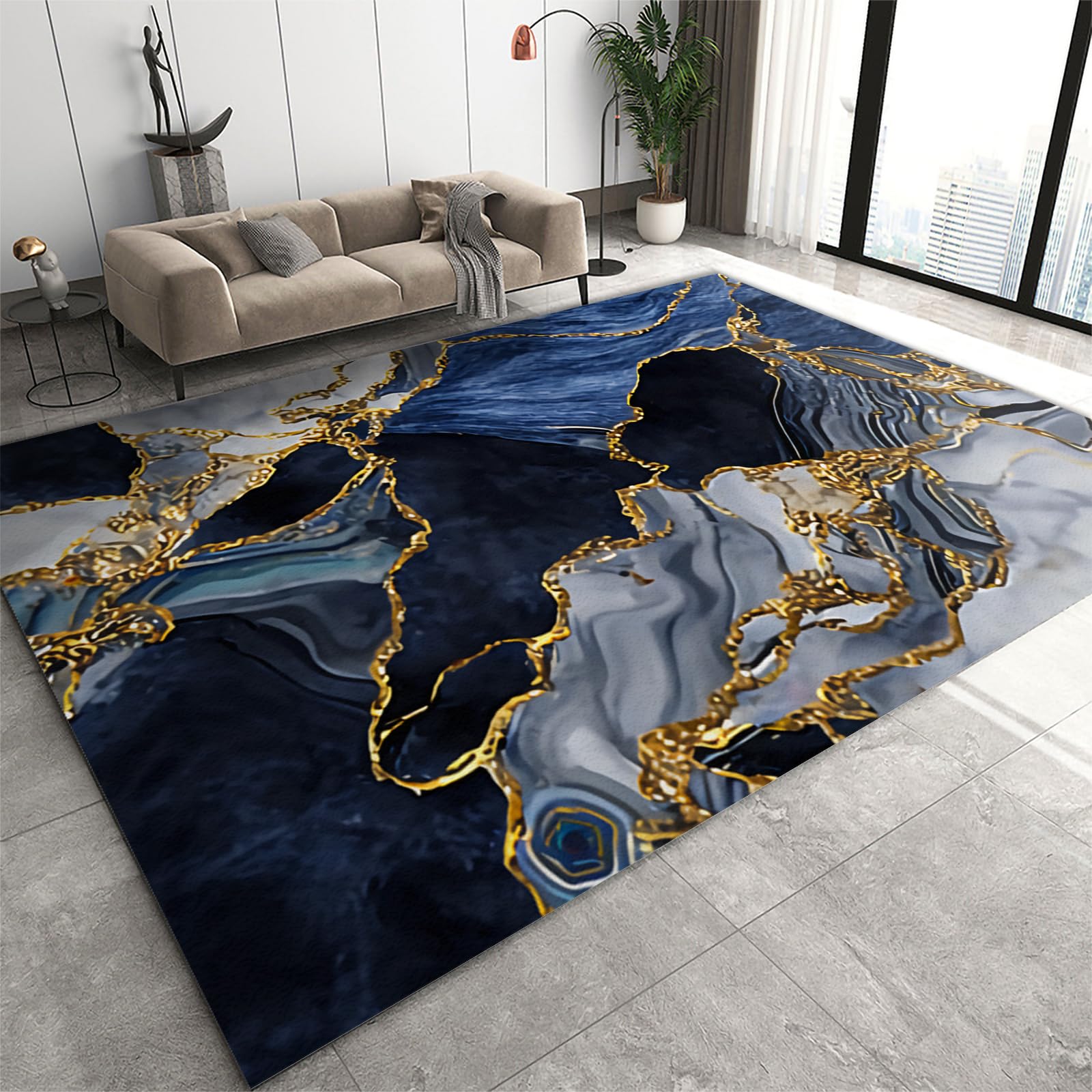 ELUONX Navy Blue Marble Area Rug, Luxury Blue Agate Texture Indoor Carpet, with Non-Slip Rubber Backing Throw Rugs for Living Room Bedroom Dining Room