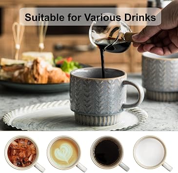 Miamolo Coffee Mugs Set of 4 with Spoons & Stand, Stackable Espresso Cups 13oz Coffee Mug for Drinks Latte Cappuccino Tea, Coffee Cup for Housewarming Birthday Gift,Father's Day,Dishwasher Safe
