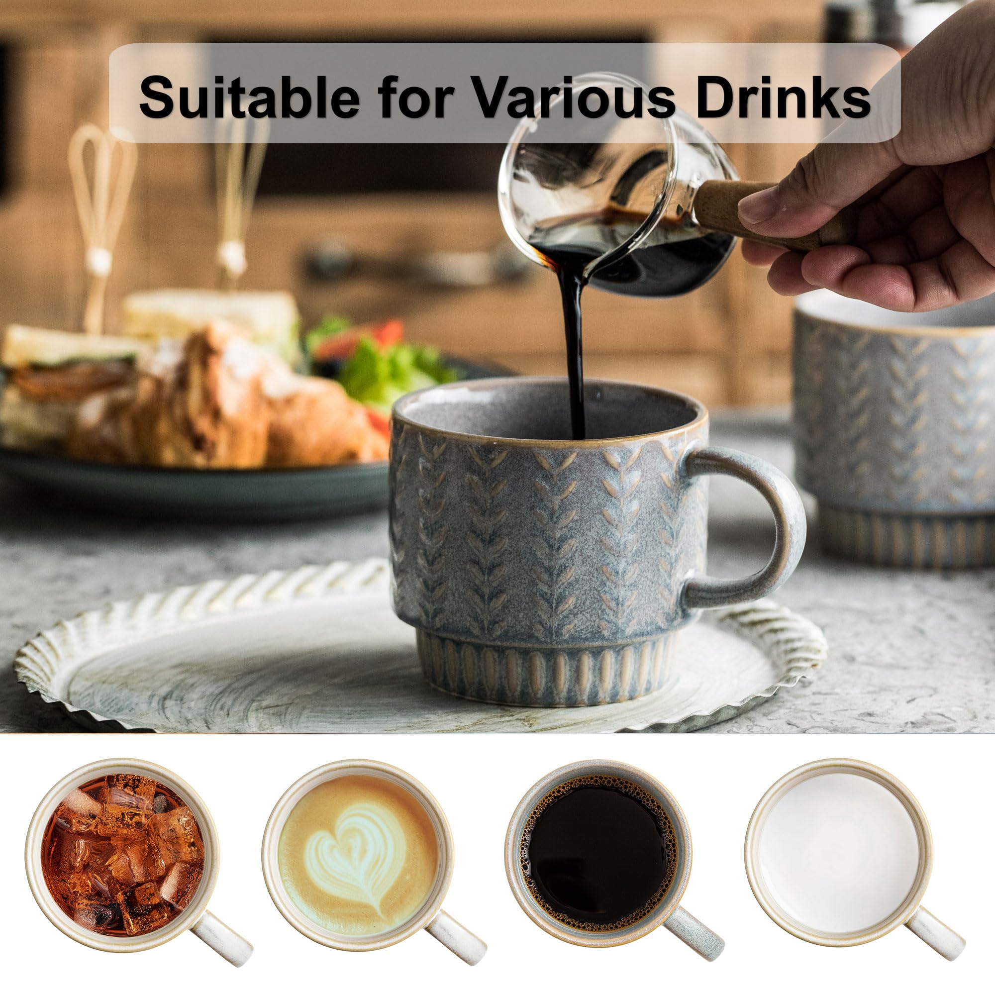 4 Kaffeetassen Set Mit Ständer & Löffel – 370 Ml, Keramik, Stapelbar, Für Latte, Cappuccino, Tee