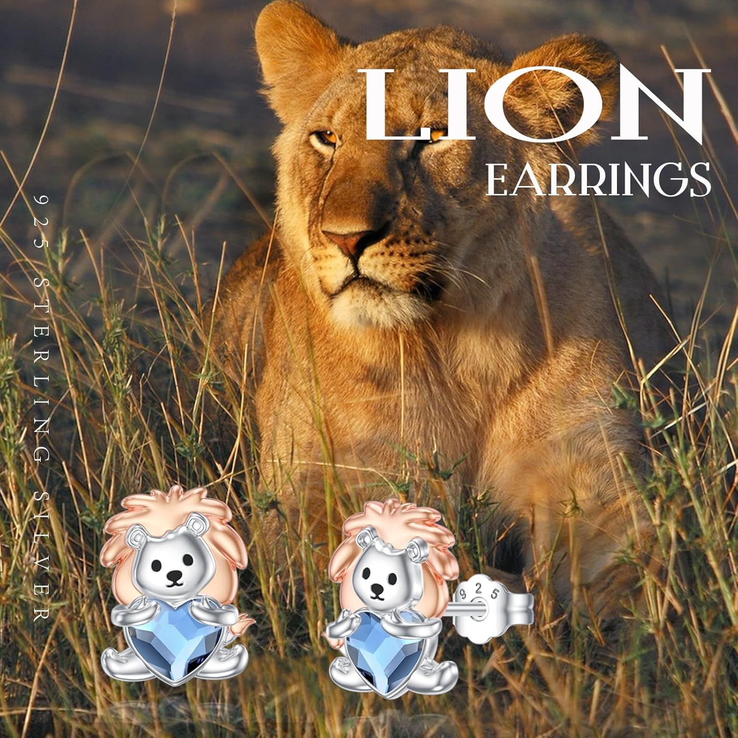 Lion Earrings Sterling Silver Cute Animal Lion Earrings Blue Heart Crystal Lion Earrings Studs Jewelry Gifts for Women