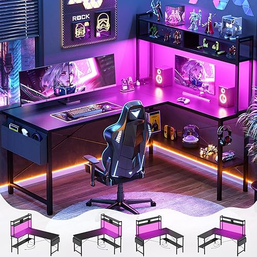 Aheaplus L Shaped Desk Gaming Desk, 59'' L Shaped Computer Desk with LED Light & Power Outlet, Reversible Home Office Desk Gamer Desks with Shelves & Storage Bag & Hooks, Corner PC Desk, Black