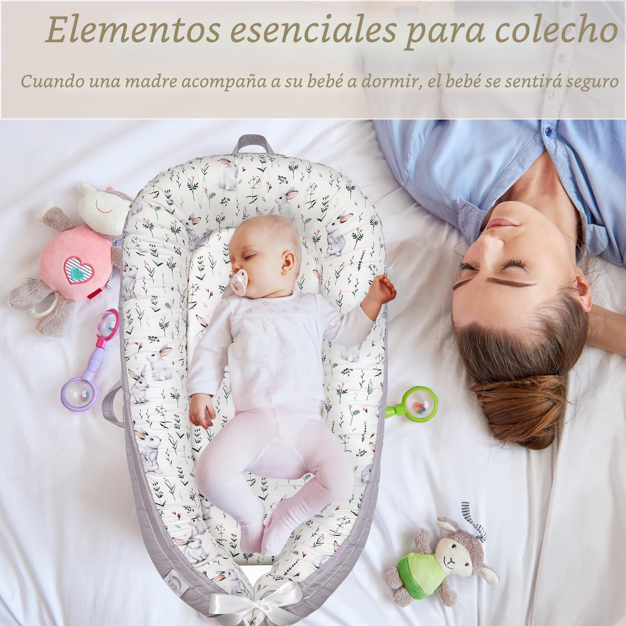 EAQ Nido Bebé Recién Nacido 90 x 50 cm Algodón 100%, Reductor de Cuna Nidos para Recién Nacidos y Bebés, Cuna Cama de Viaje Portátil, Funda Removible y Lavable (conejito)