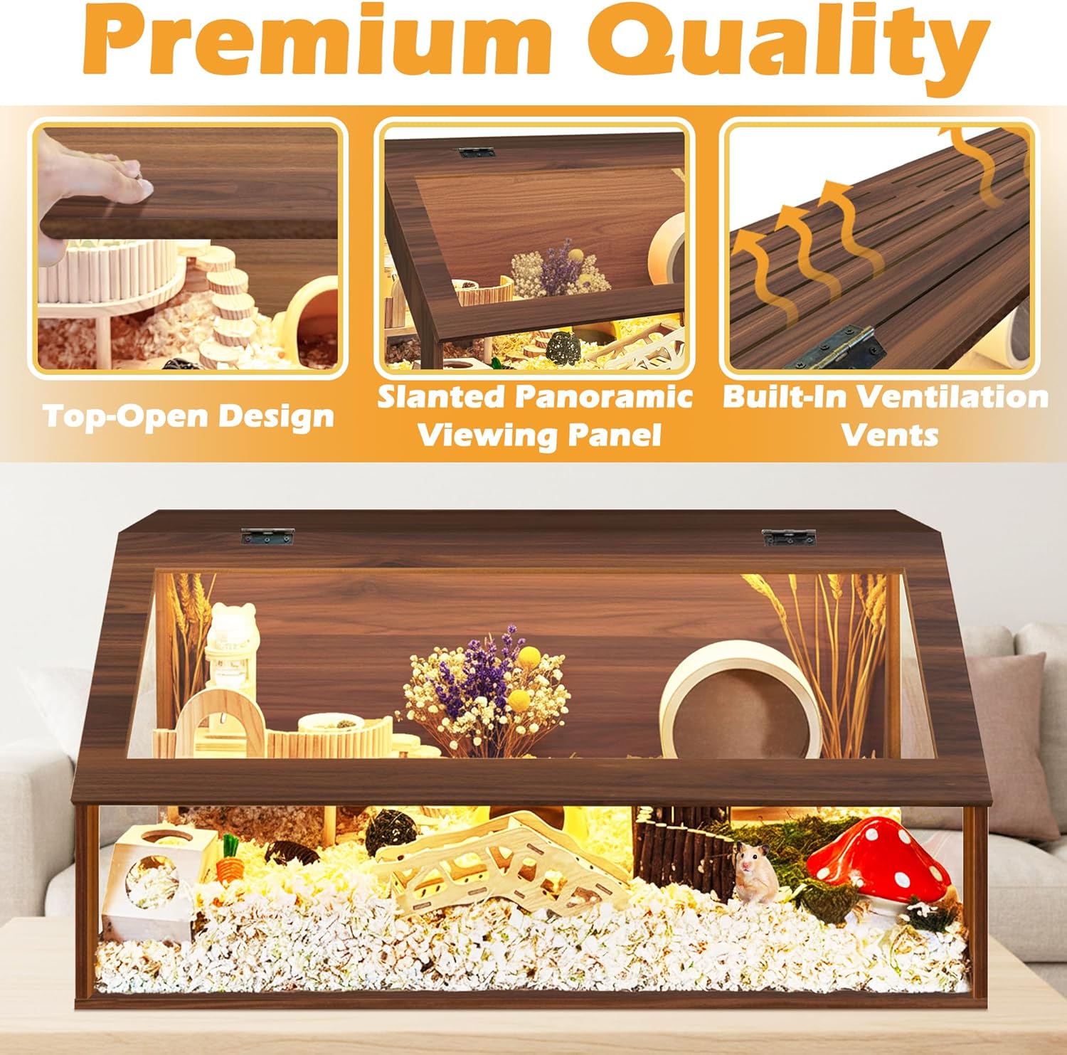 PROLEE Hamster Cage Chewproof, Sloped Mice and Rat Habitat with Clear View, Solid Built with Lockable Design and Openable Top (Walnut)