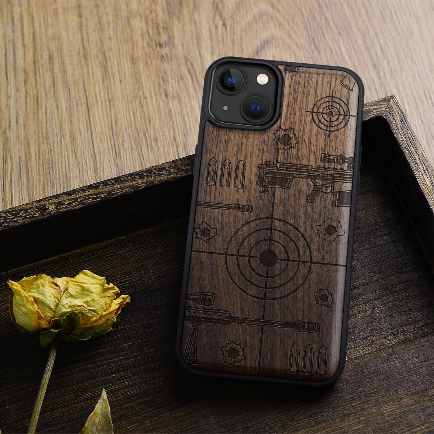 Carveit Magnetic Wood Case for iPhone 14 Plus Case [Natural Wood & Black Soft TPU] Shockproof Protective Cover Unique Wooden Case Compatible with magsafe (Precision Target Art -Walnut)