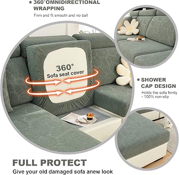 cjc Couch Cover, Universal Stretch Chaise Sofa Slipcovers,Anti-Slip L Shape Sofa Covers, Sofa Slipcover for 3 Cushion Couch - Elastic Furniture Protector (Leaves Green, Double Seat Cover)