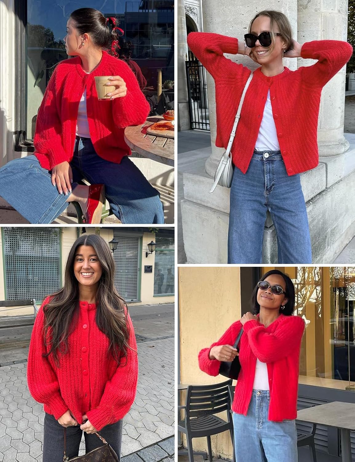 Women's Casual Puff Long Sleeve Crew Neck Cardigan Button Down Open Front Knit Loose Sweater Outwear - Image 7